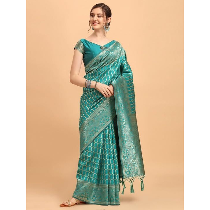 Leriya Fashion Womens Present Banarasi Silk Saree | Jacquard Rich Pallu Design | Golden saree for women | Cotton silk saree for women (Light Green)