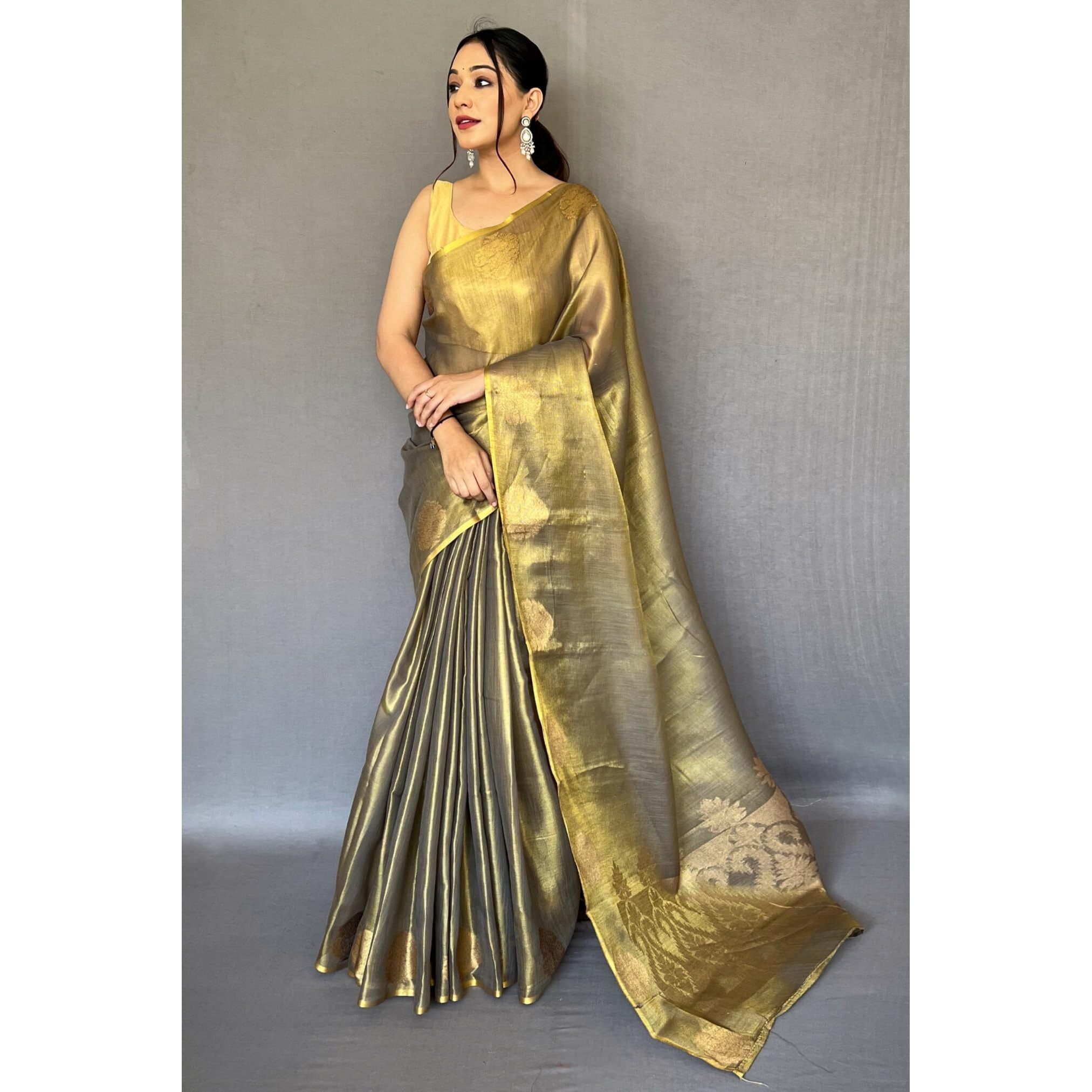 SGF11- Womens Kanjivaram Pure Tissue Silk Saree Golden Zari With Blouse Piece (Mahendi Green)
