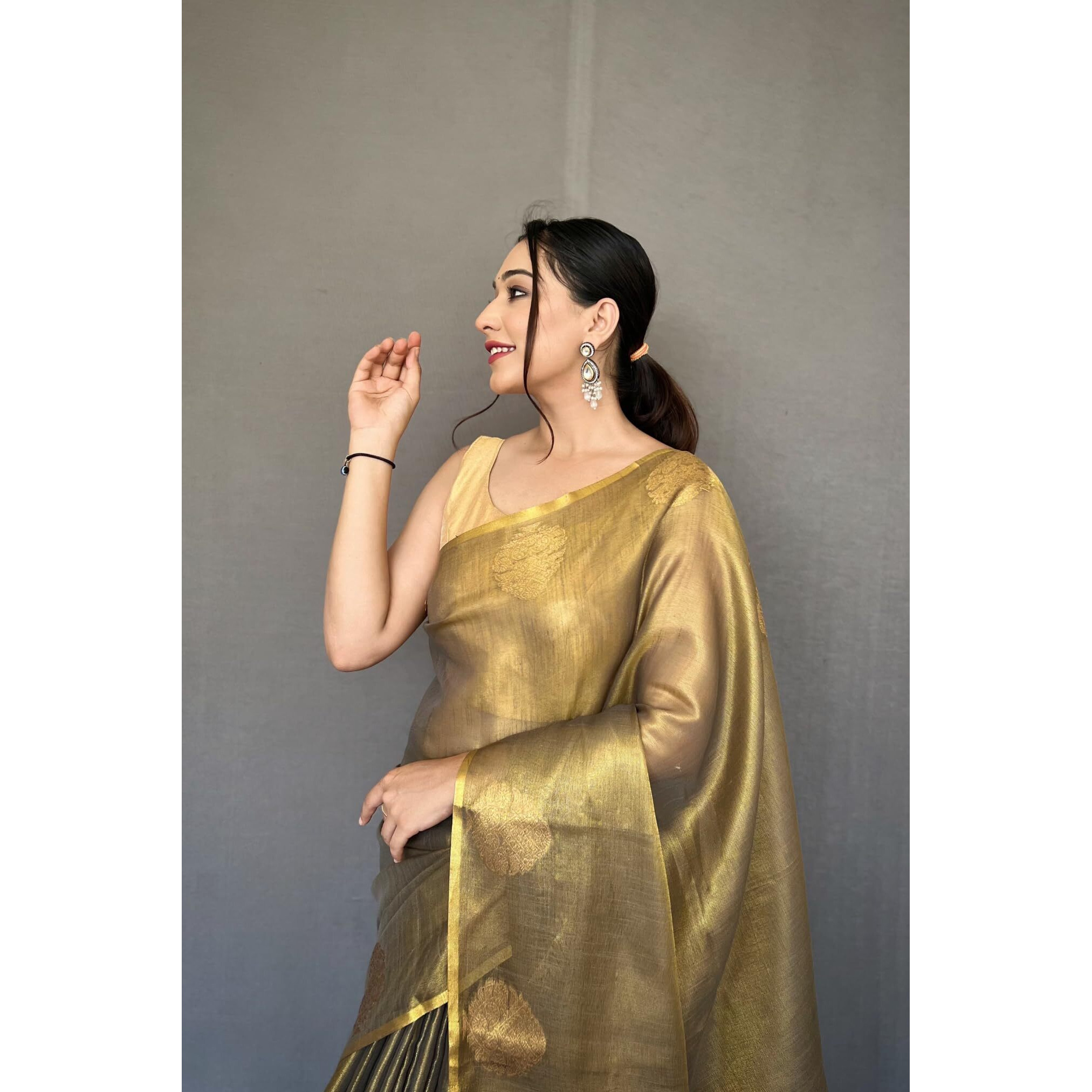 SGF11- Womens Kanjivaram Pure Tissue Silk Saree Golden Zari With Blouse Piece (Mahendi Green)
