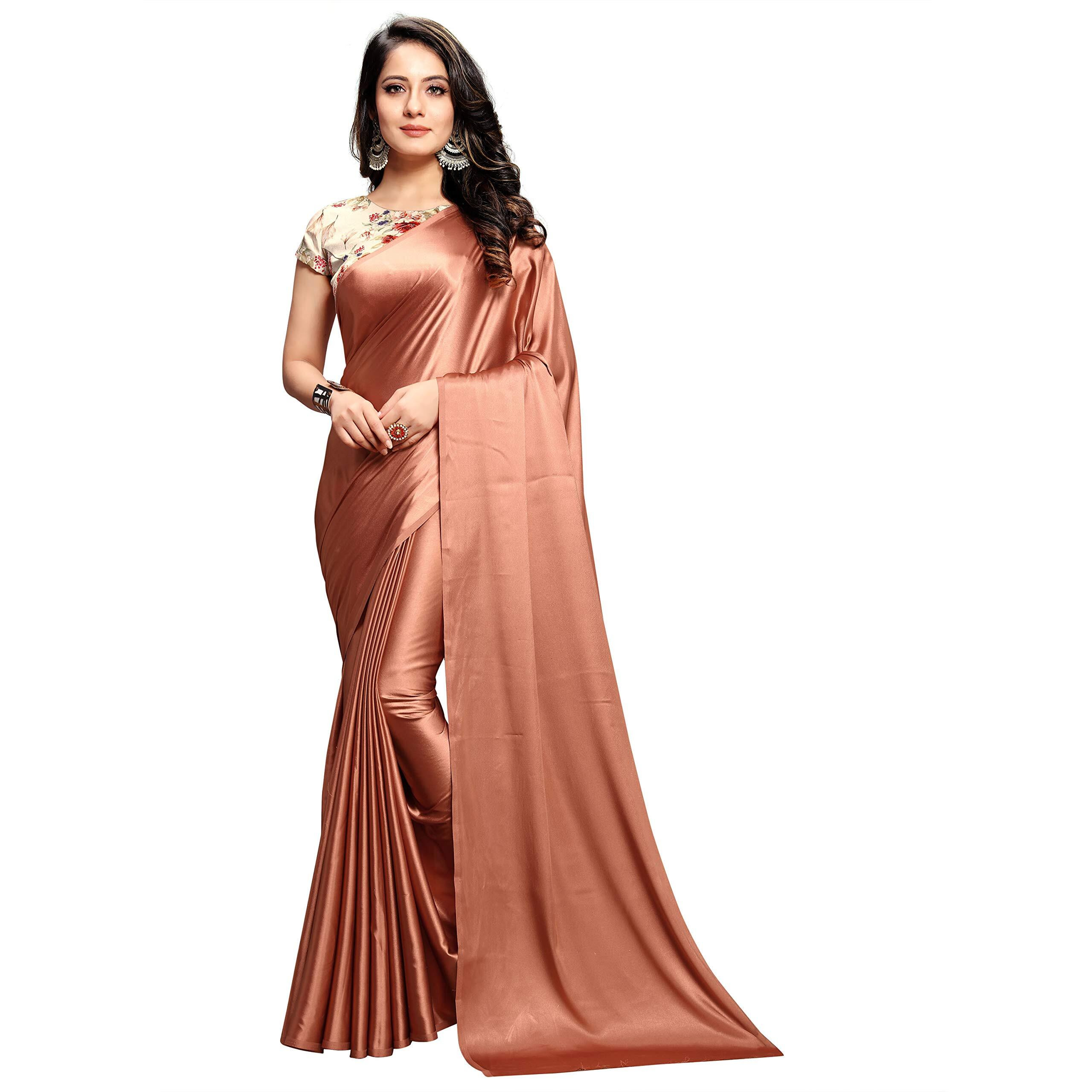 DHYANOM womens Soft Satin Silk Plain Saree With Art Silk Digital Printed Unstiched Designer Blouse (Mustrad)
