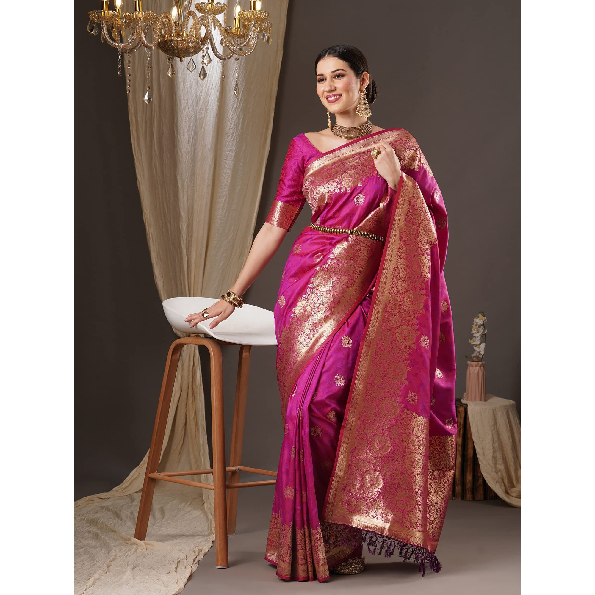 AKHILAM Womens Floral Silk Blend Woven Design Saree With Unstitched Blouse Piece (Magenta_13PAKHI1408)