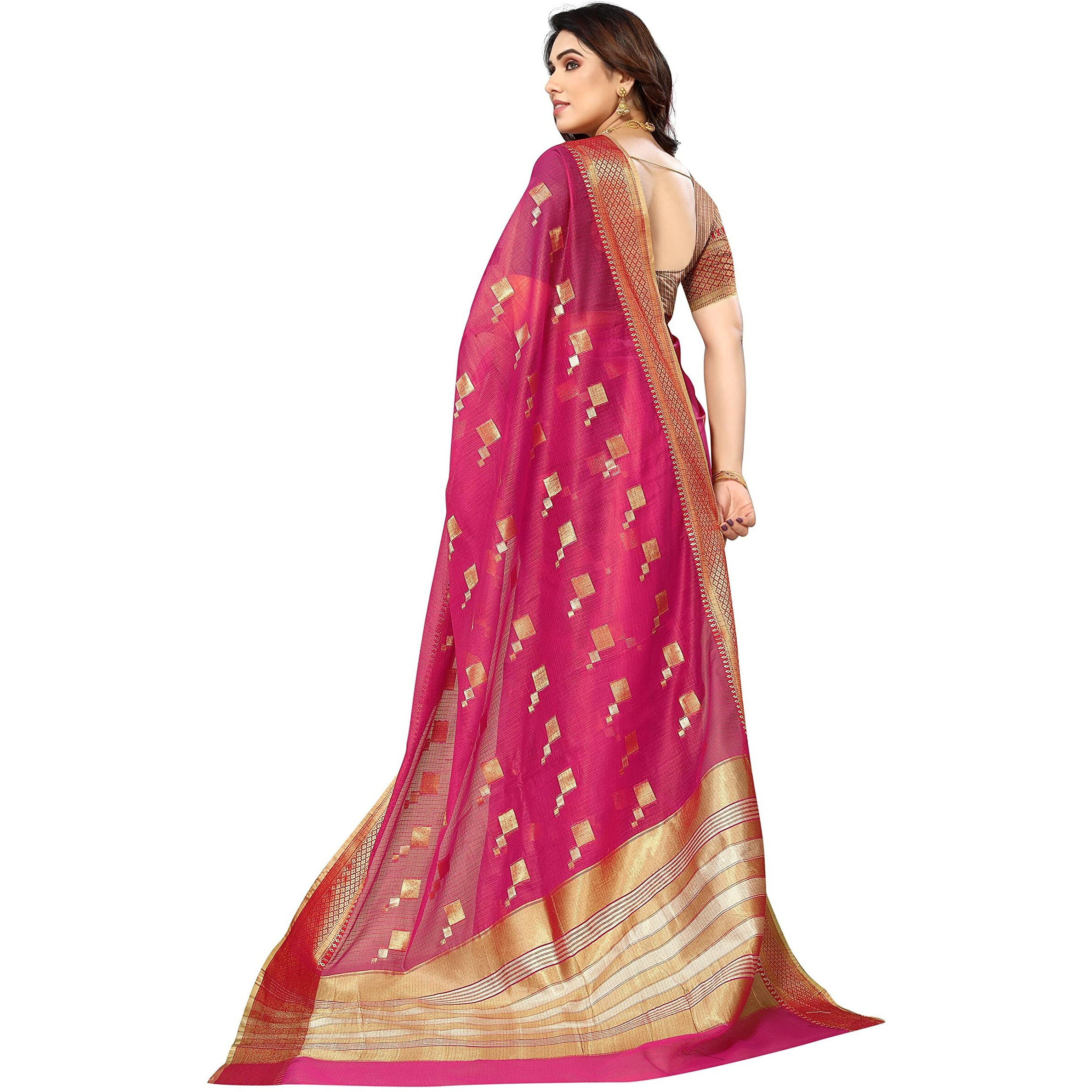 Sidhidata Womens Kota Doria Cotton Manipuri Jacquard Boarder Saree With Unstitched Blouse Piece (Box Butta Rani_Rani_Free Size)