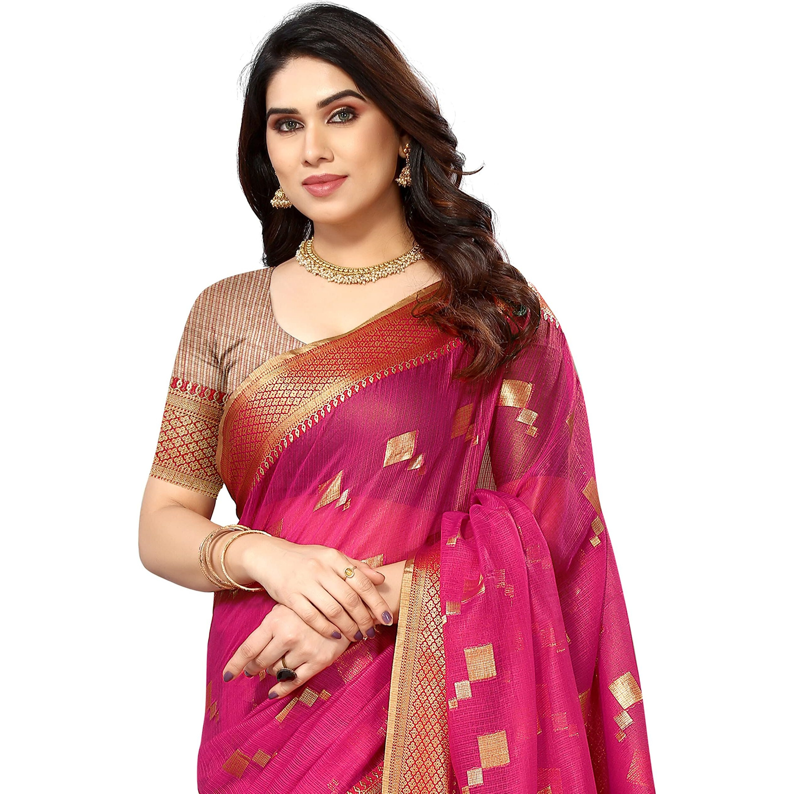 Sidhidata Womens Kota Doria Cotton Manipuri Jacquard Boarder Saree With Unstitched Blouse Piece (Box Butta Rani_Rani_Free Size)