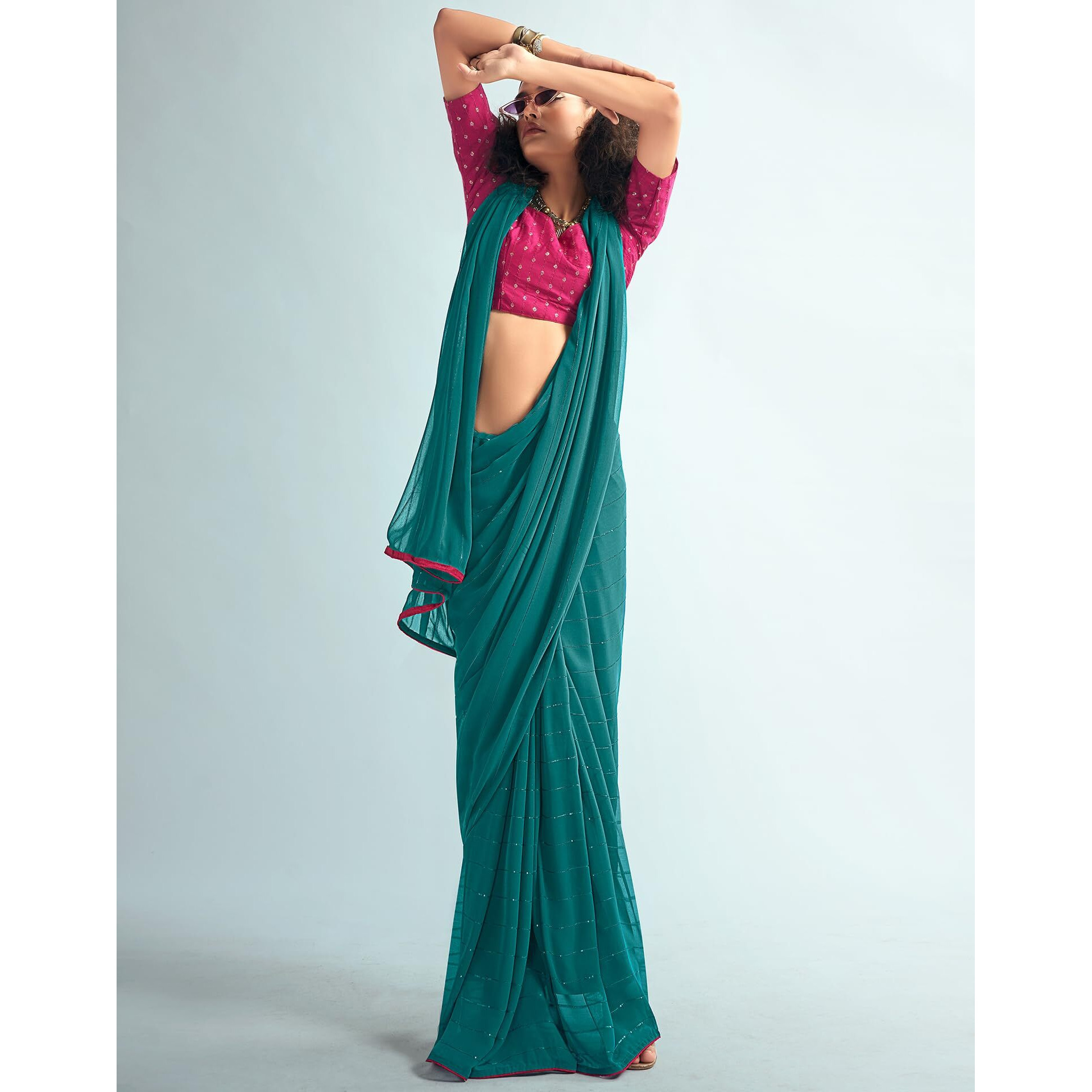 SIRIL Womens Georgette Sequence Work Saree With Unstitched Blouse Piece (3475S709_Rama Blue)