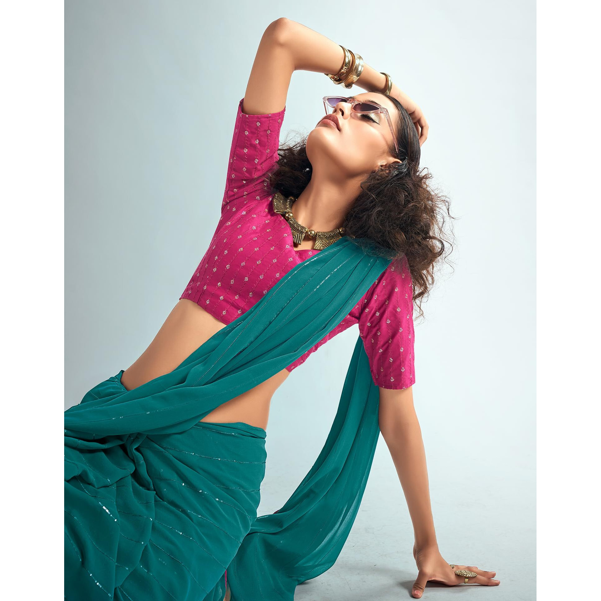 SIRIL Womens Georgette Sequence Work Saree With Unstitched Blouse Piece (3475S709_Rama Blue)