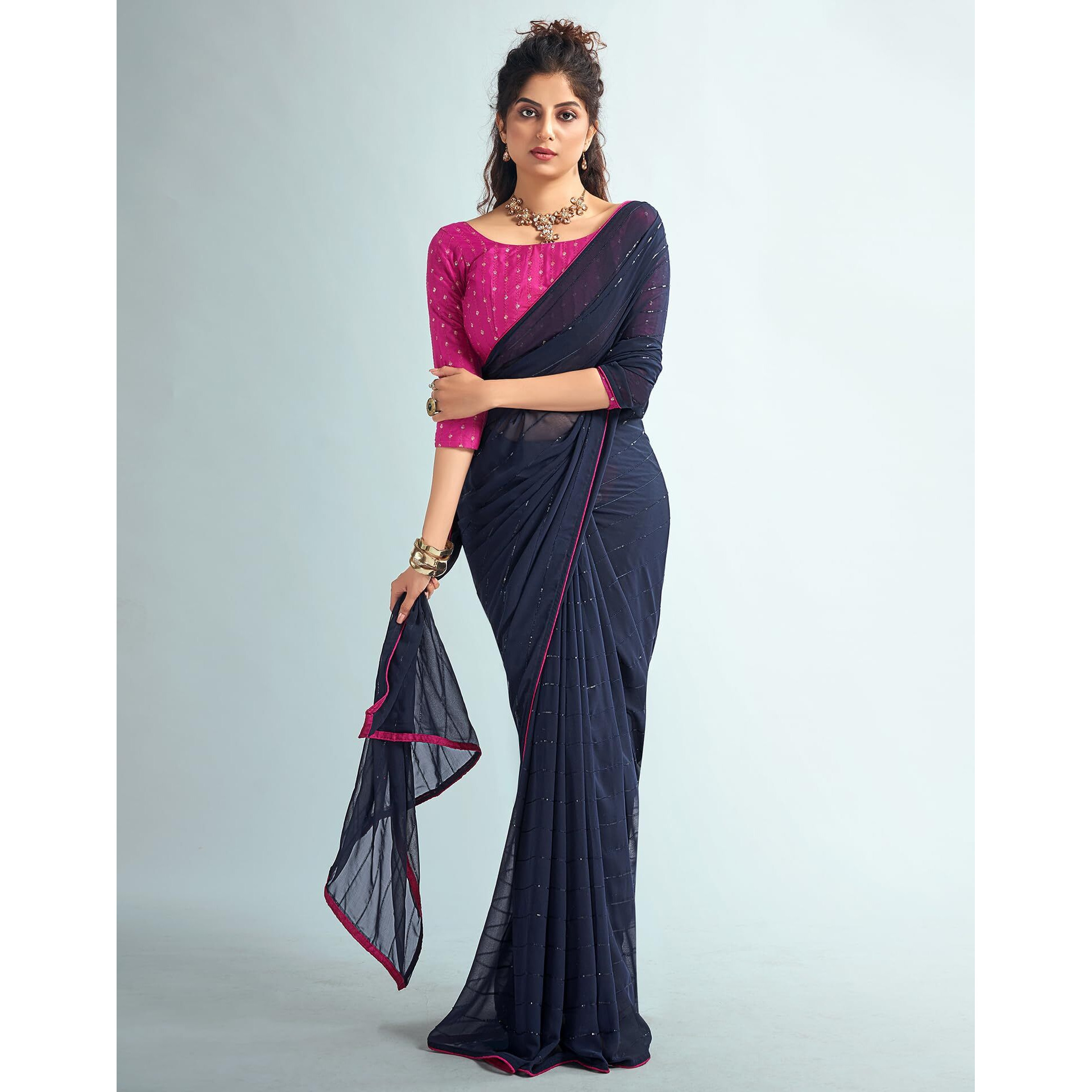 SIRIL Womens Georgette Sequence Work Saree With Unstitched Blouse Piece (3475S708_Navy Blue)
