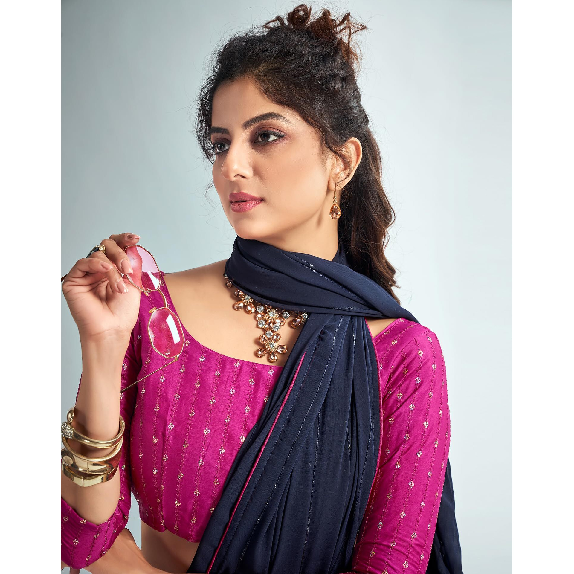SIRIL Womens Georgette Sequence Work Saree With Unstitched Blouse Piece (3475S708_Navy Blue)