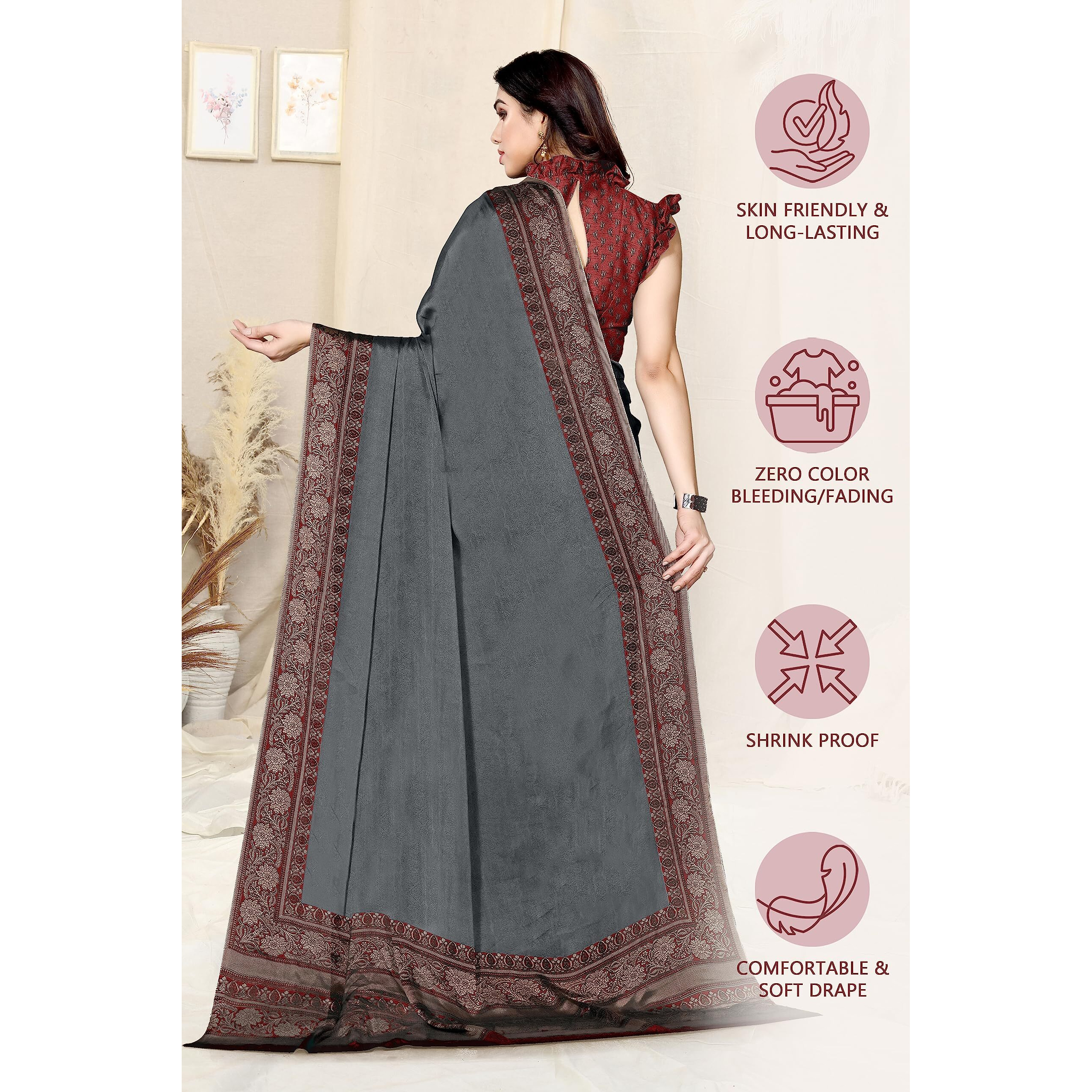 SOURBH Womens Plain Weave Chiffon Contrast Border Printed Saree with Blouse Piece (35233-Grey, Maroon)