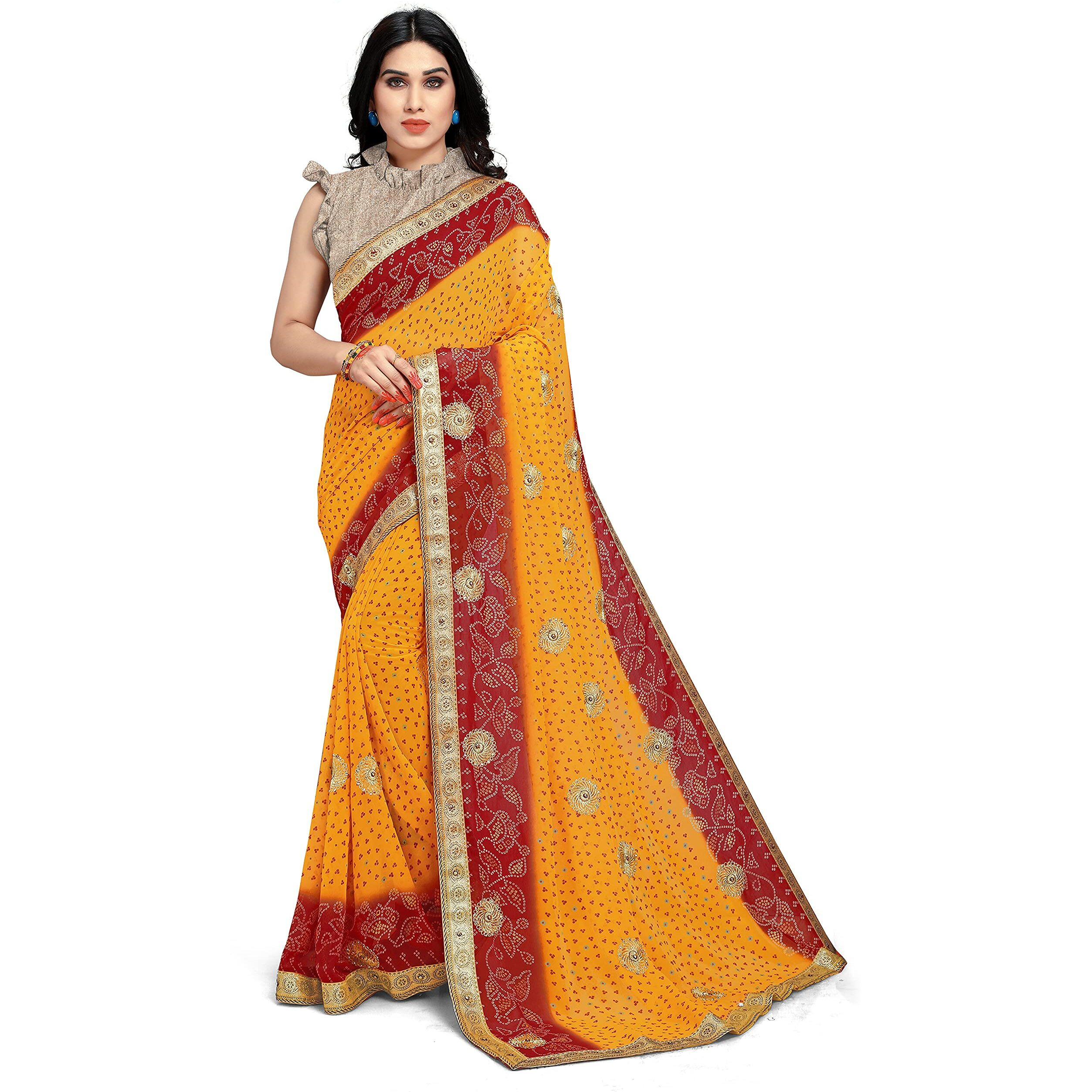 MIRCHI FASHION Womens Faux Georgette Bandhani Embellished Saree with Blouse Piece (25911-Mustard, Red)