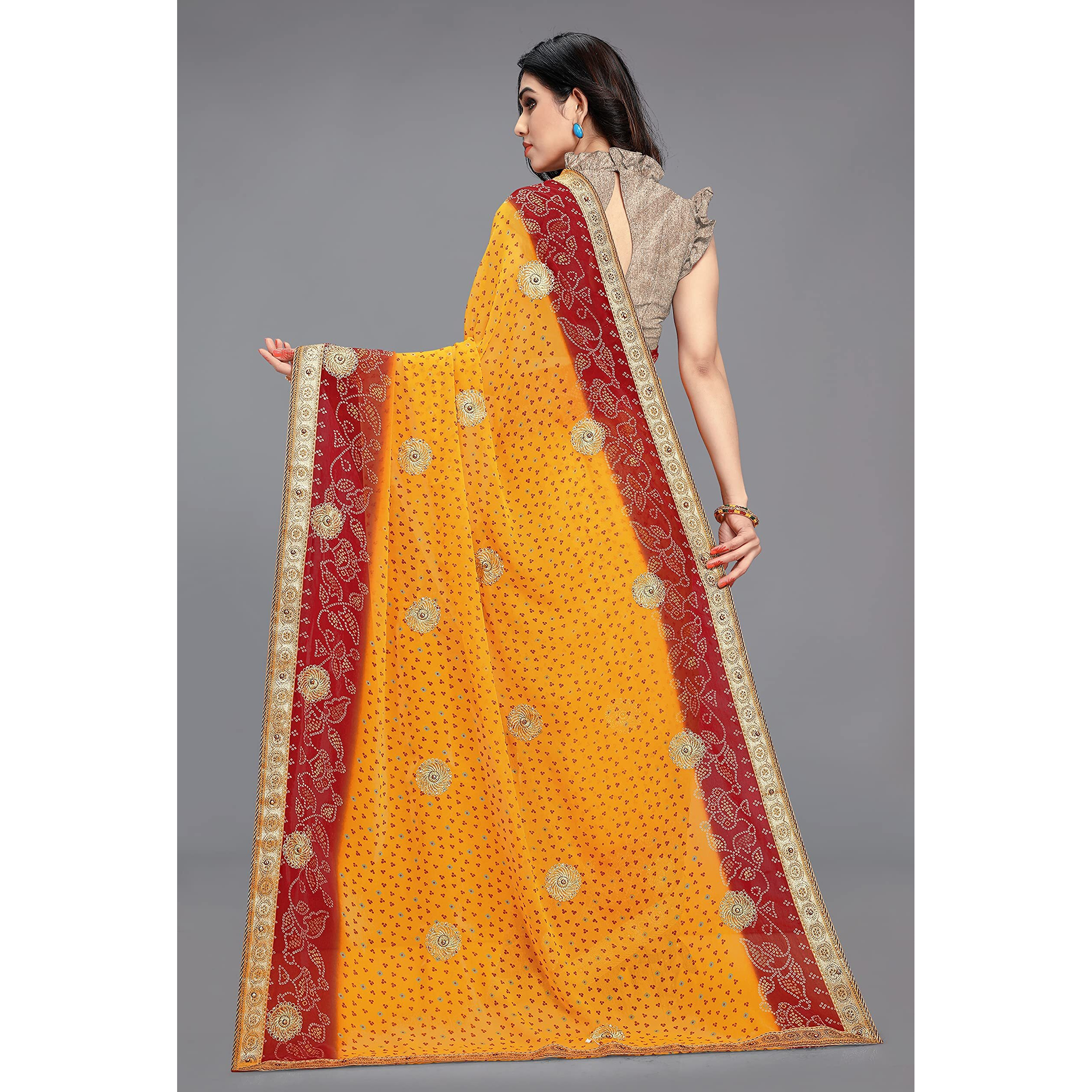 MIRCHI FASHION Womens Faux Georgette Bandhani Embellished Saree with Blouse Piece (25911-Mustard, Red)