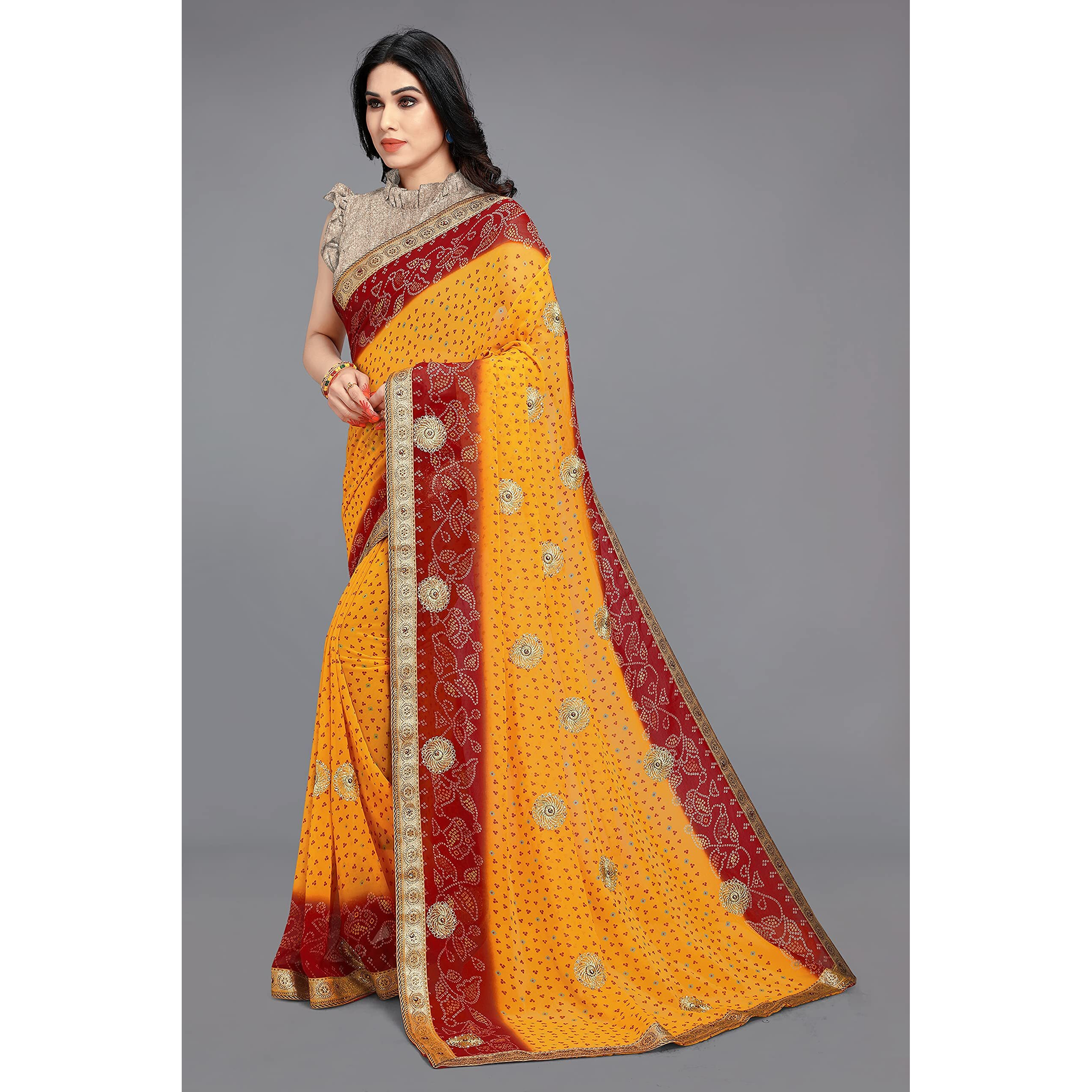 MIRCHI FASHION Womens Faux Georgette Bandhani Embellished Saree with Blouse Piece (25911-Mustard, Red)