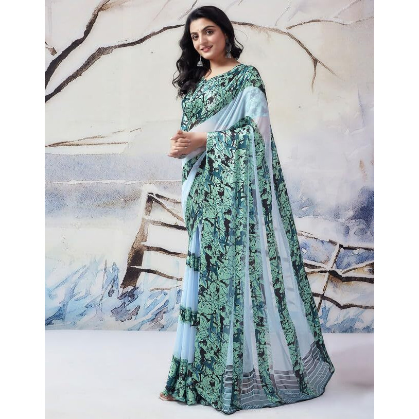 SIRIL Womens Georgette Printed Satin Patta Saree With Unstitched Blouse Piece (3634S115_Light Blue)