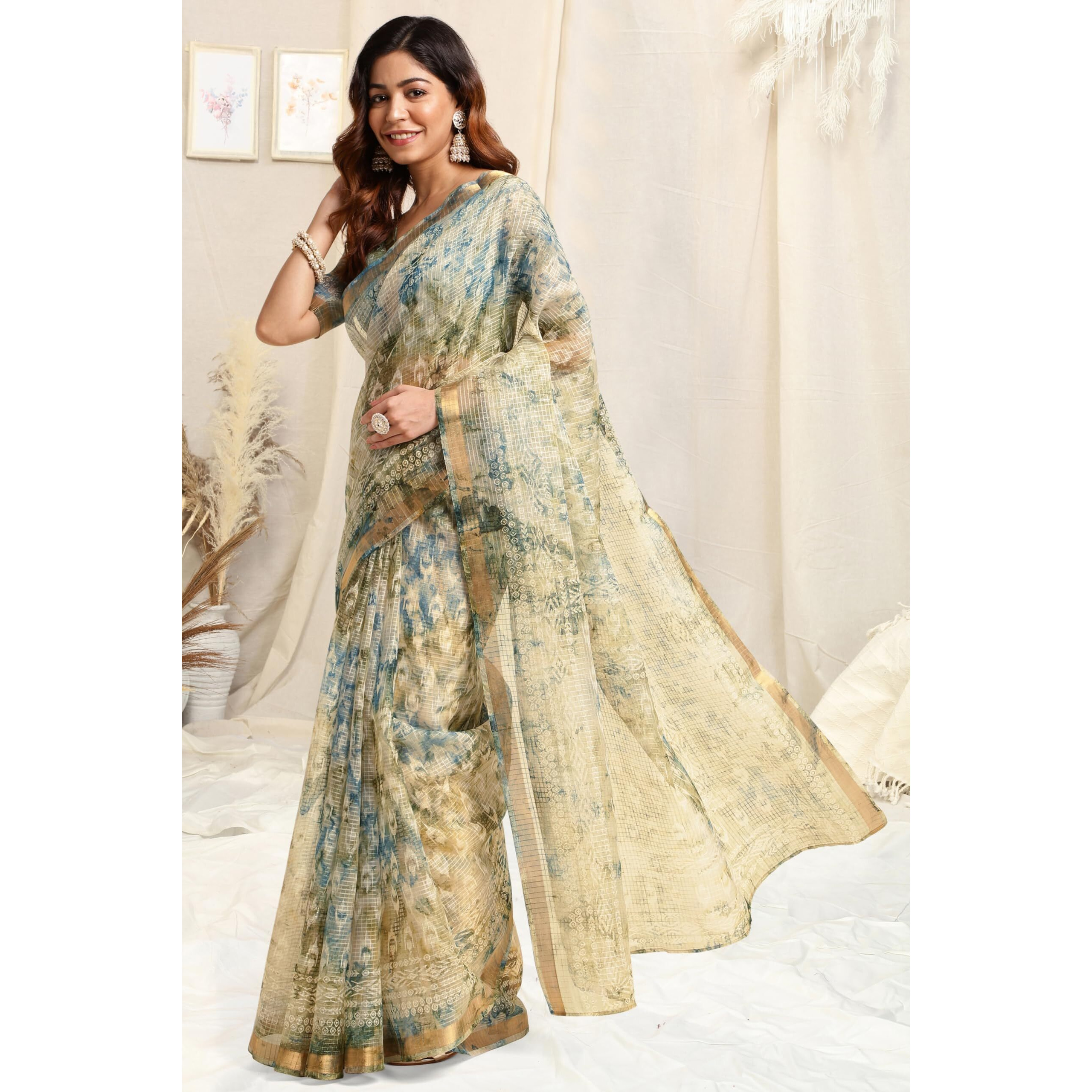 MIRCHI FASHION Womens Kota Doria Block Printed Saree with Blouse Piece (39527-Beige)