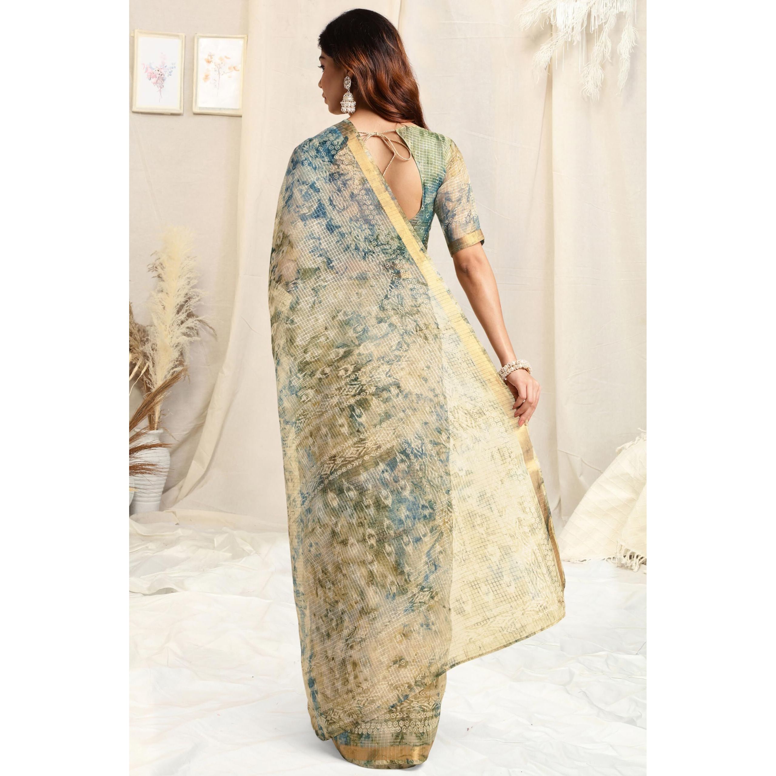 MIRCHI FASHION Womens Kota Doria Block Printed Saree with Blouse Piece (39527-Beige)