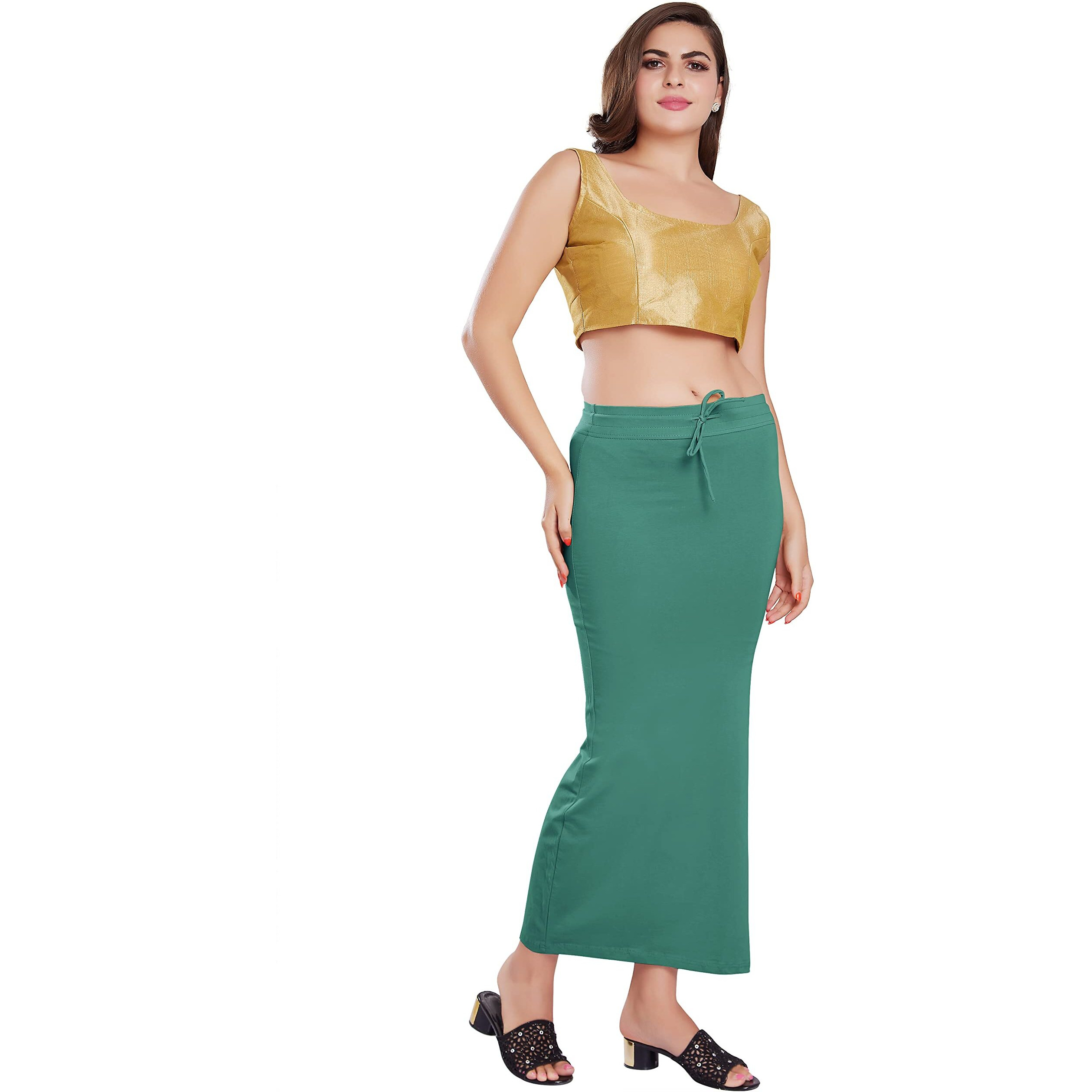 RANI SAAHIBA Womens Stretchy Slim Fishcut Petticoat Cotton Saree Shapewear(SHP44_L/XL_Dusty Green)