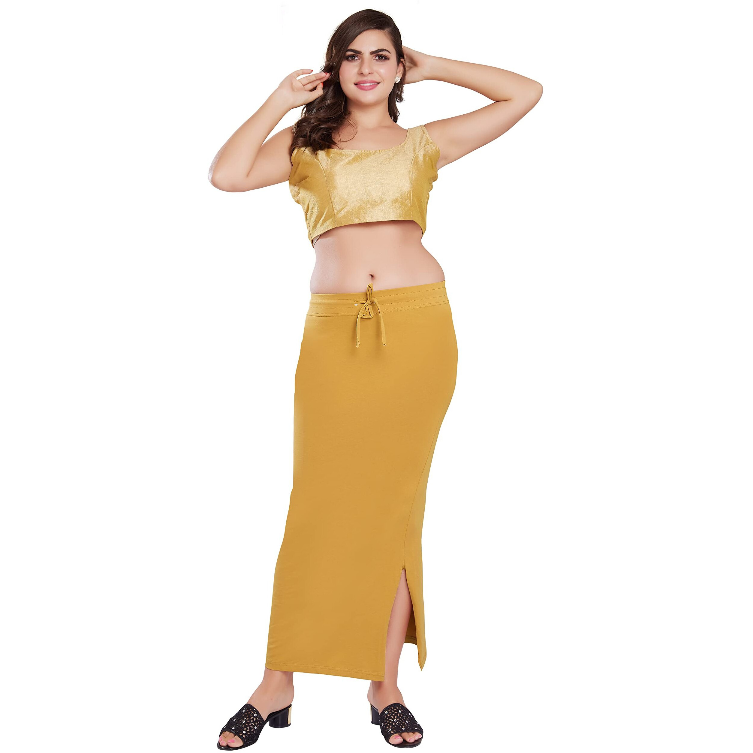 RANI SAAHIBA Womens Stretchy Slim Fishcut Petticoat Cotton Shapewear(Dark Chiku_SHP18_S/M)