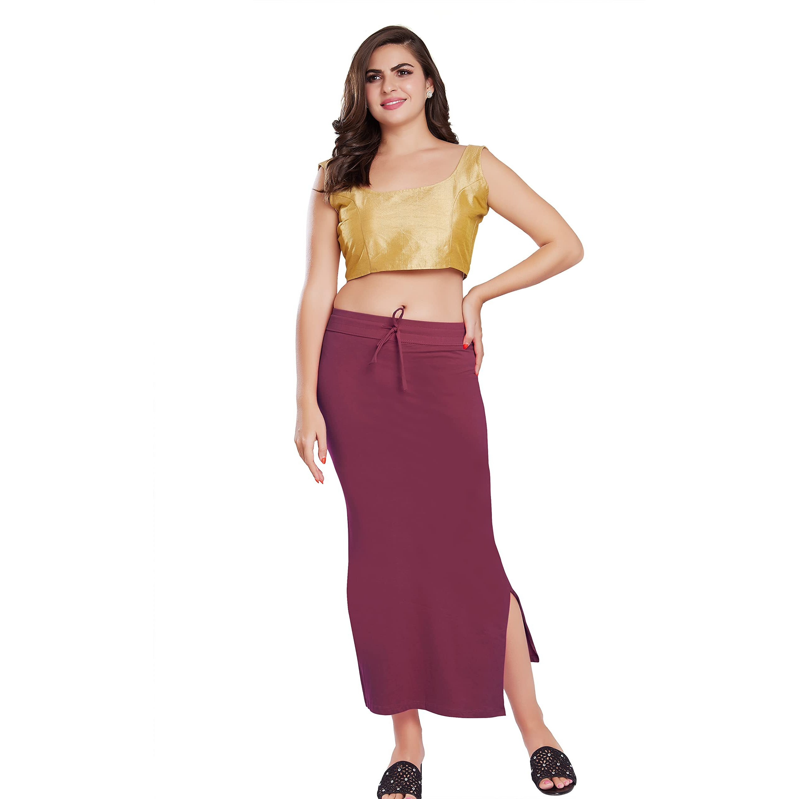 RANI SAAHIBA Womens Stretchy Slim Fishcut Petticoat Cotton Saree Shapewear(SHP70_L/XL_Plum)