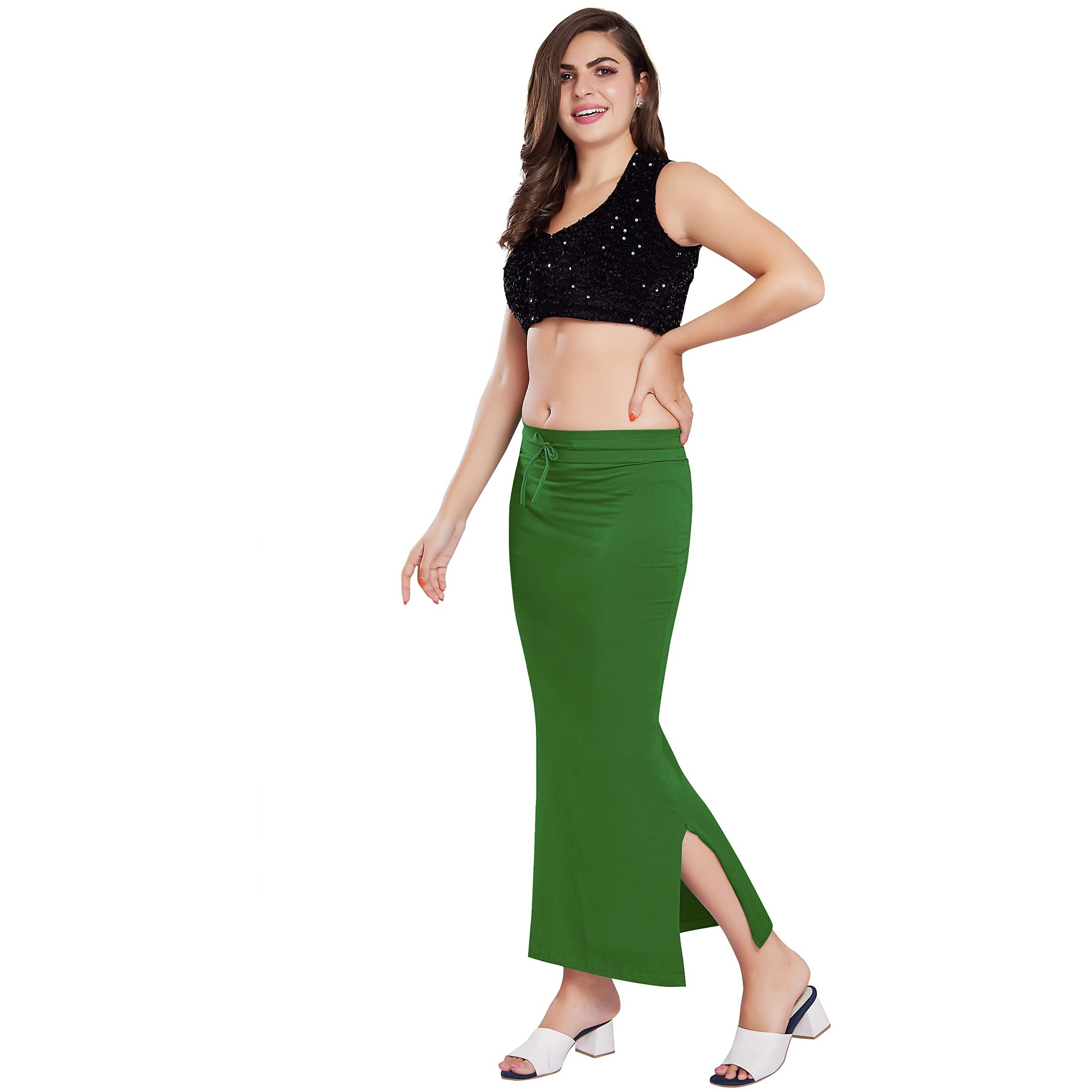 RANI SAAHIBA Womens Stretchy Slim Fishcut Petticoat Cotton Saree Shapewear(SHP8_2XL/3XL_Olive Green)