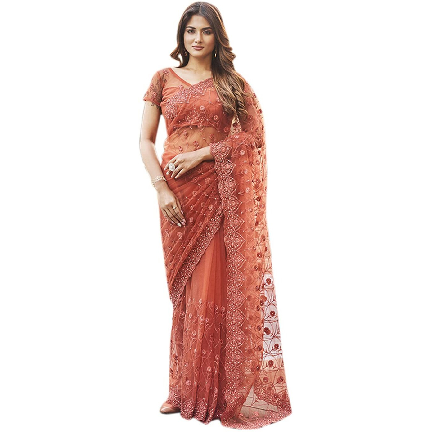 Womanista Womens Embroidered Net Saree with Faux Diamonds (TI3142_Rust)
