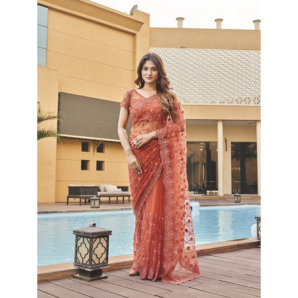 Womanista Womens Embroidered Net Saree with Faux Diamonds (TI3142_Rust)