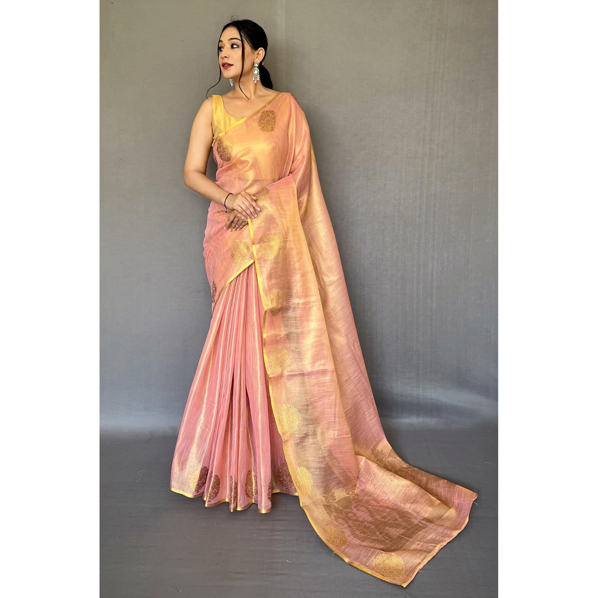 SGF11- Womens Kanjivaram Pure Tissue Silk Saree Golden Zari With Blouse Piece (Light Pink)