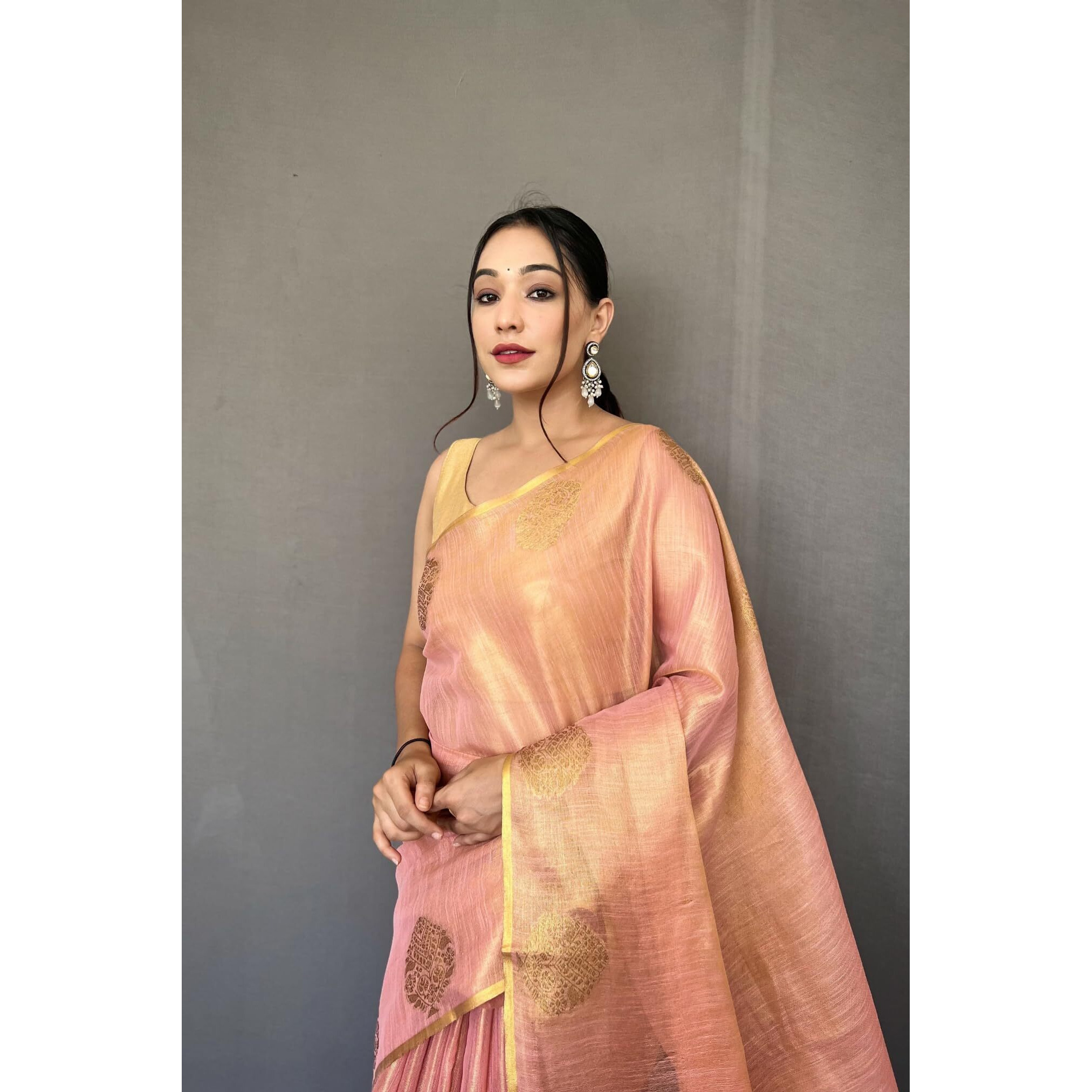 SGF11- Womens Kanjivaram Pure Tissue Silk Saree Golden Zari With Blouse Piece (Light Pink)