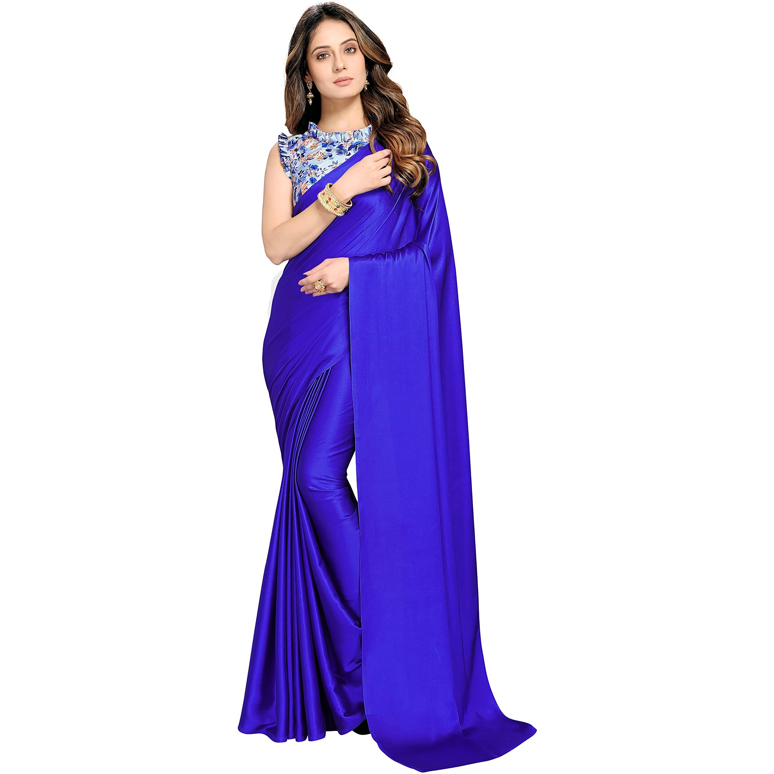 DHYANOM womens Soft Royal Blue Satin Silk Plain Saree with Art Silk Digital Printed Unstiched Designer Blouse