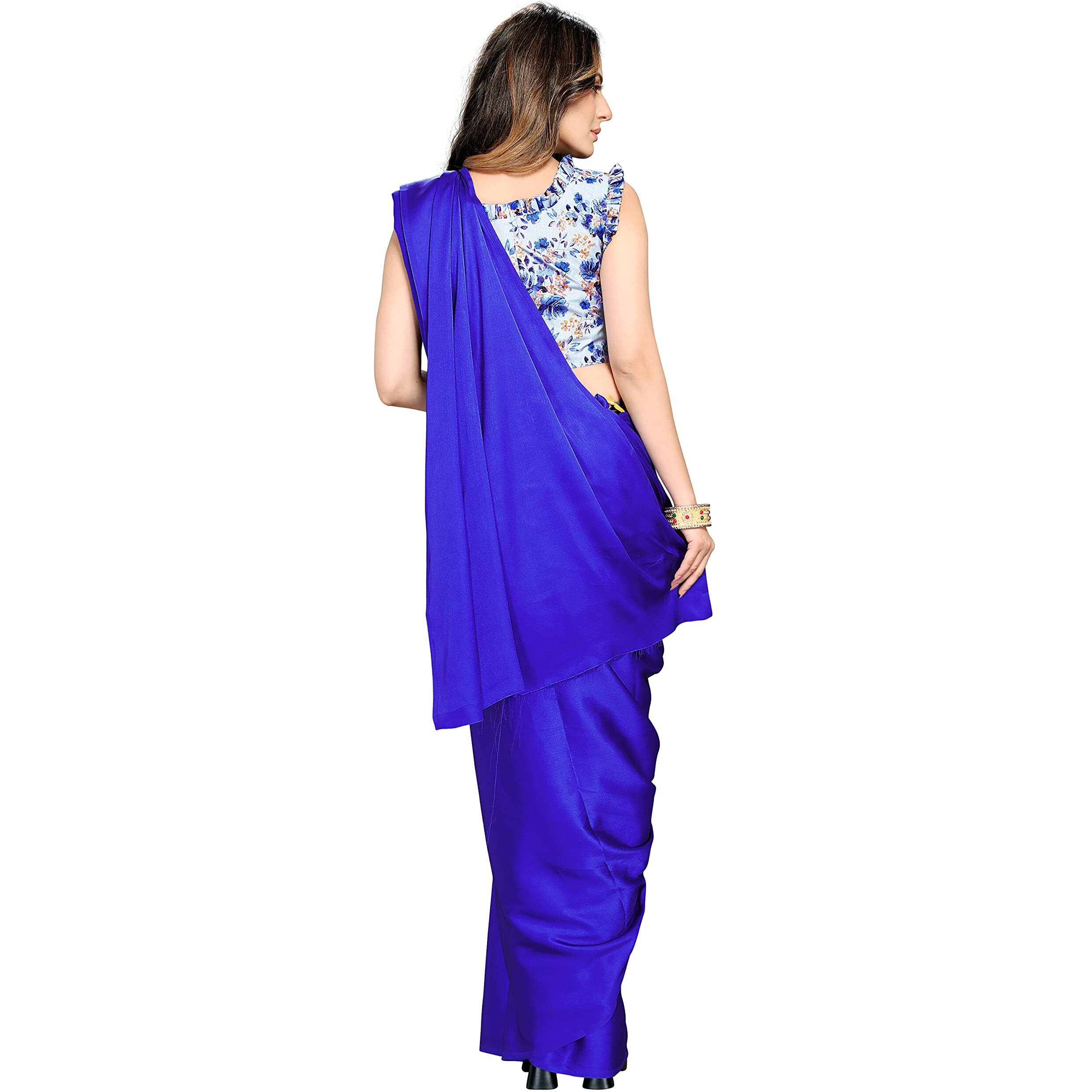DHYANOM womens Soft Royal Blue Satin Silk Plain Saree with Art Silk Digital Printed Unstiched Designer Blouse