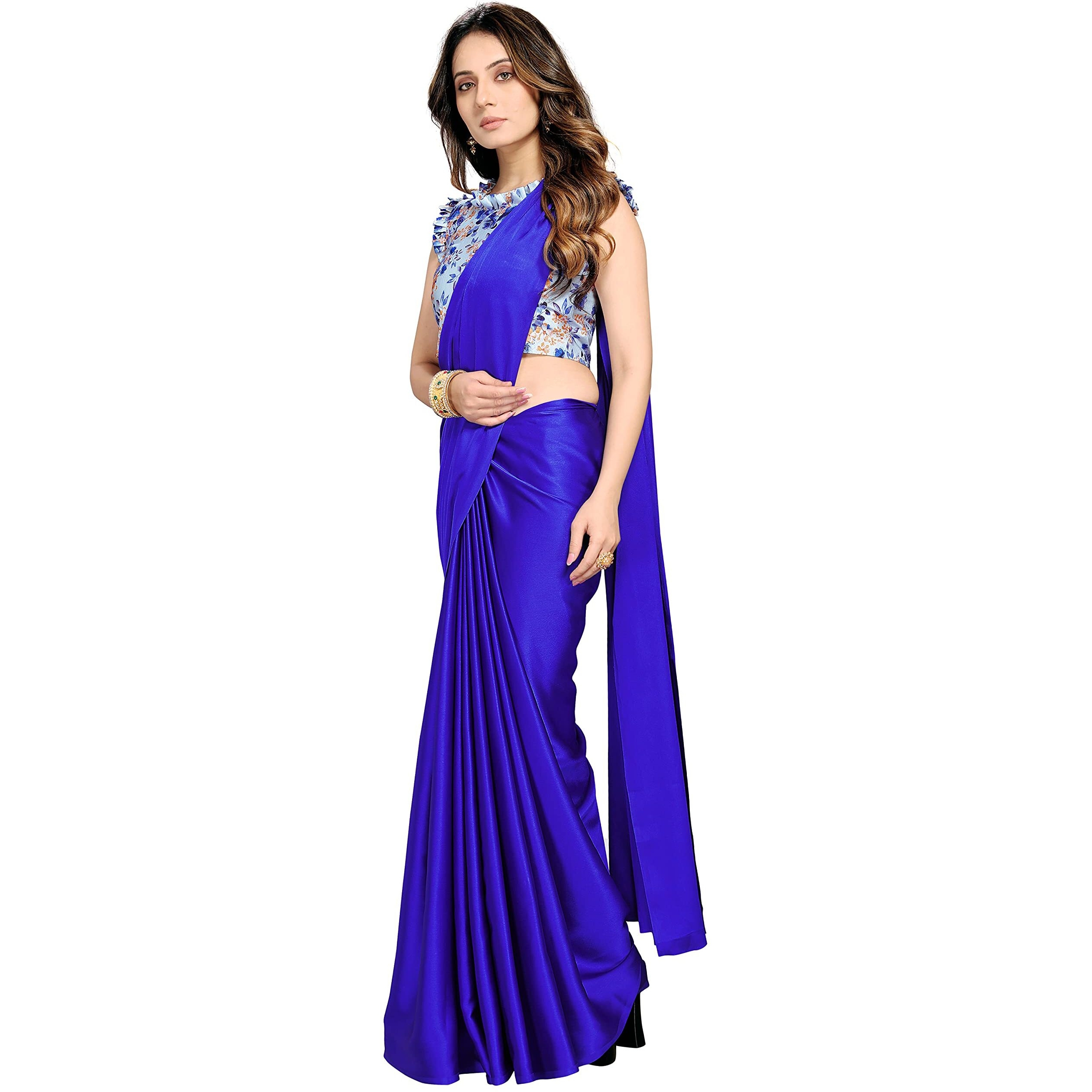 DHYANOM womens Soft Royal Blue Satin Silk Plain Saree with Art Silk Digital Printed Unstiched Designer Blouse
