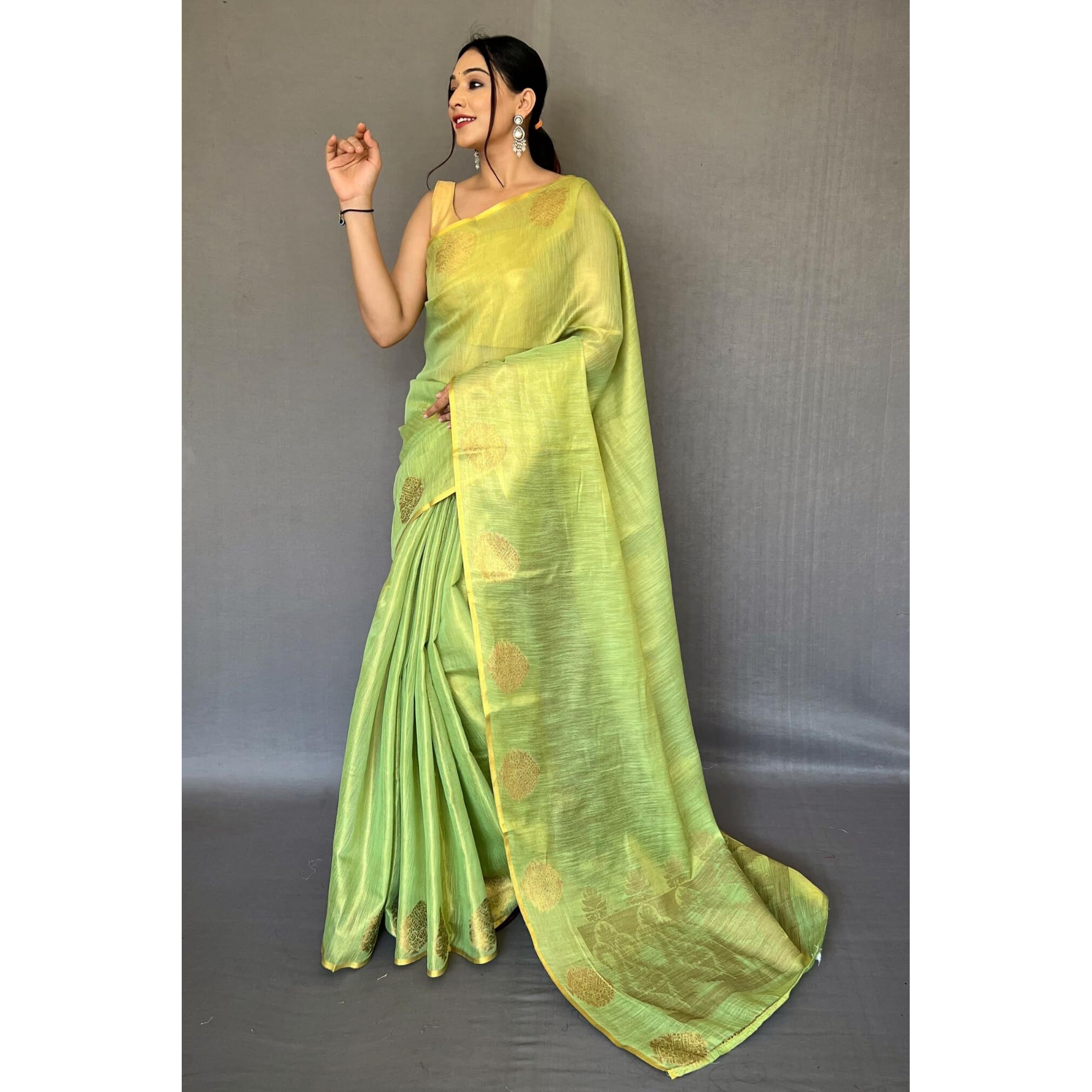 SGF11- Womens Kanjivaram Pure Tissue Silk Saree Golden Zari With Blouse Piece (Parrot)