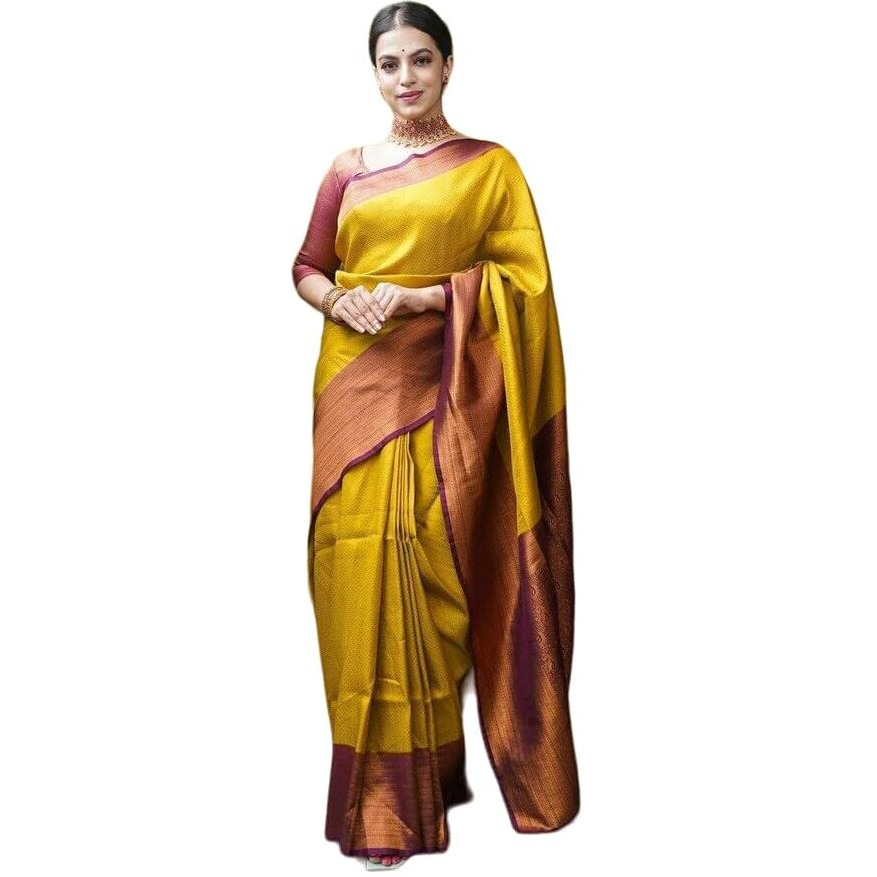 Yashika Womens Trendy Cotton Silk Yellow Color Saree with Blouse Material(SUN YELLOW)
