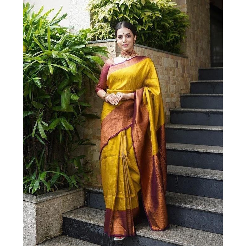 Yashika Womens Trendy Cotton Silk Yellow Color Saree with Blouse Material(SUN YELLOW)