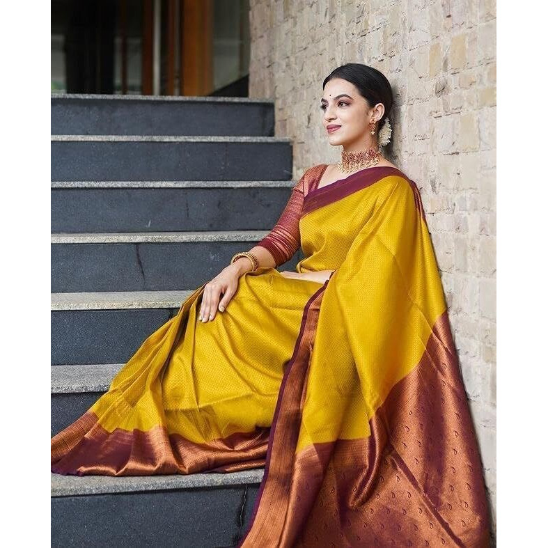 Yashika Womens Trendy Cotton Silk Yellow Color Saree with Blouse Material(SUN YELLOW)