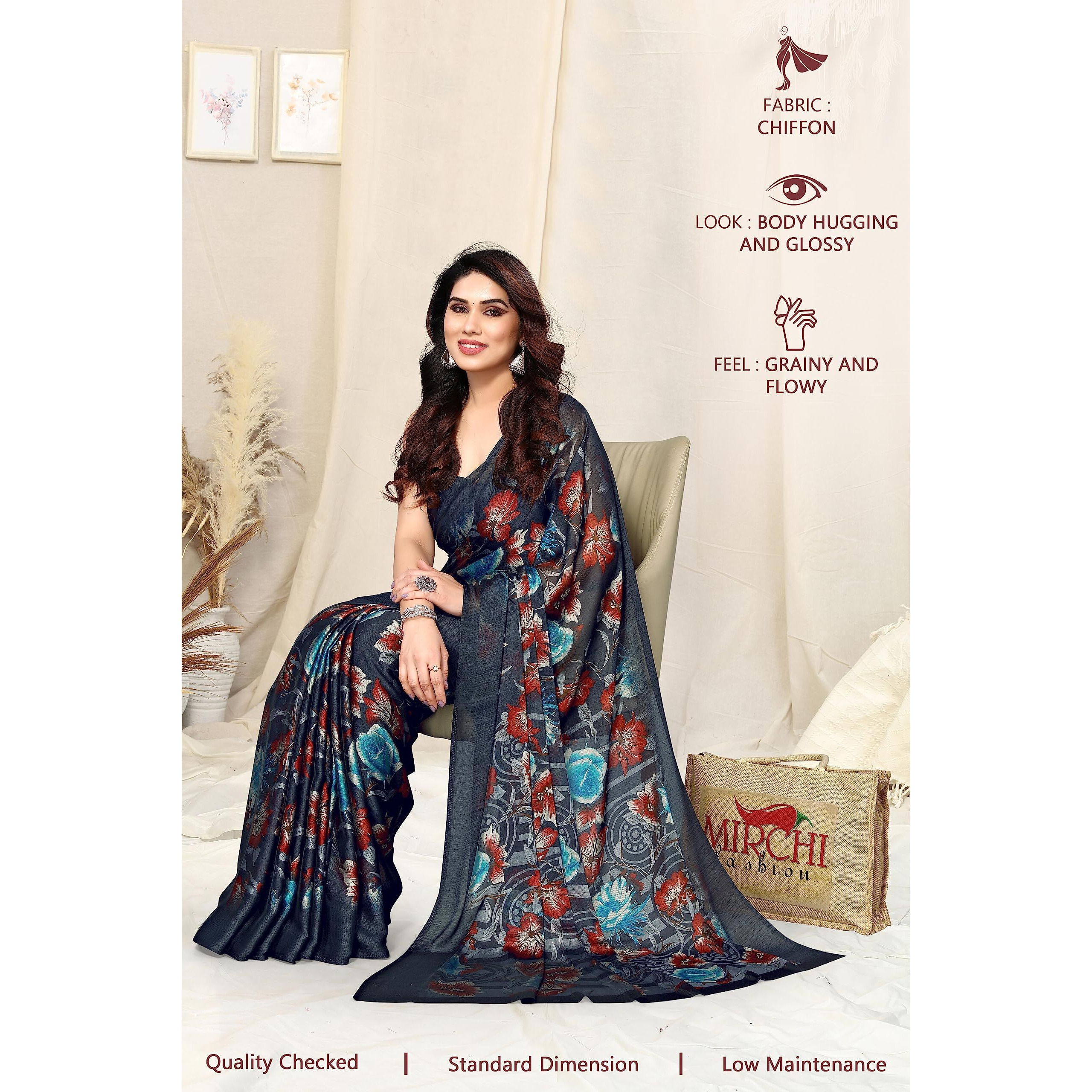 MIRCHI FASHION Womens Plain Weave Chiffon Floral Printed Saree with Blouse Piece (38691-Black, Red)