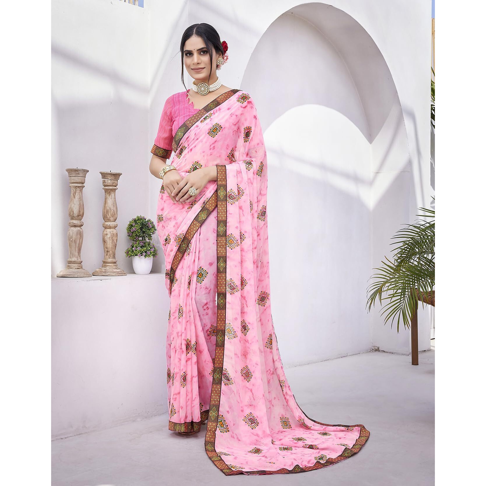 Yashika Womens Georgette Saree Printed Saree With Unstitched Blouse Material - Suitable For All Indian Occasions and Festivals (AZ-YS-OG-KAJUKATRI PINK)