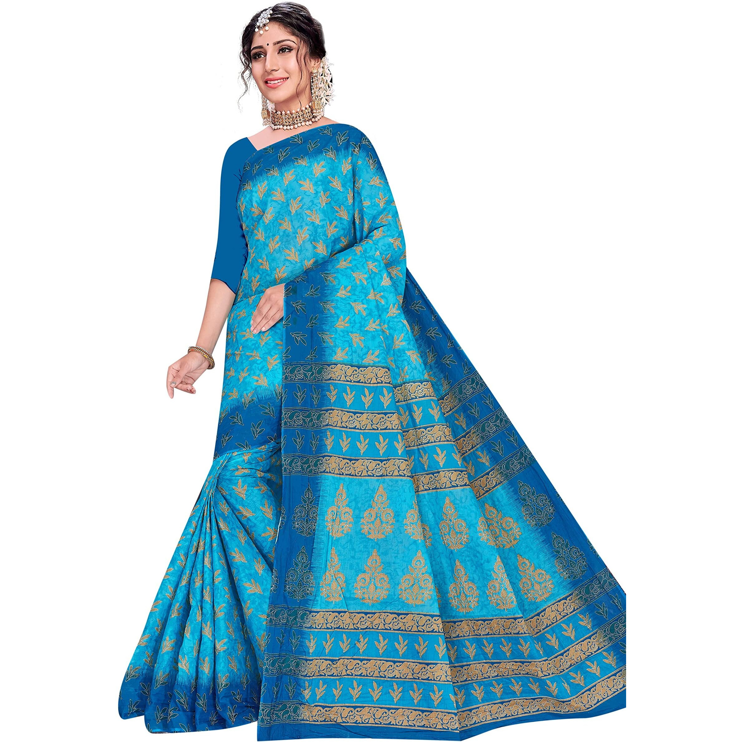 TAMAIRA FASHION Womens Plain Weave Pure Cotton Saree Without Blouse Piece(AB35_Turquoise)