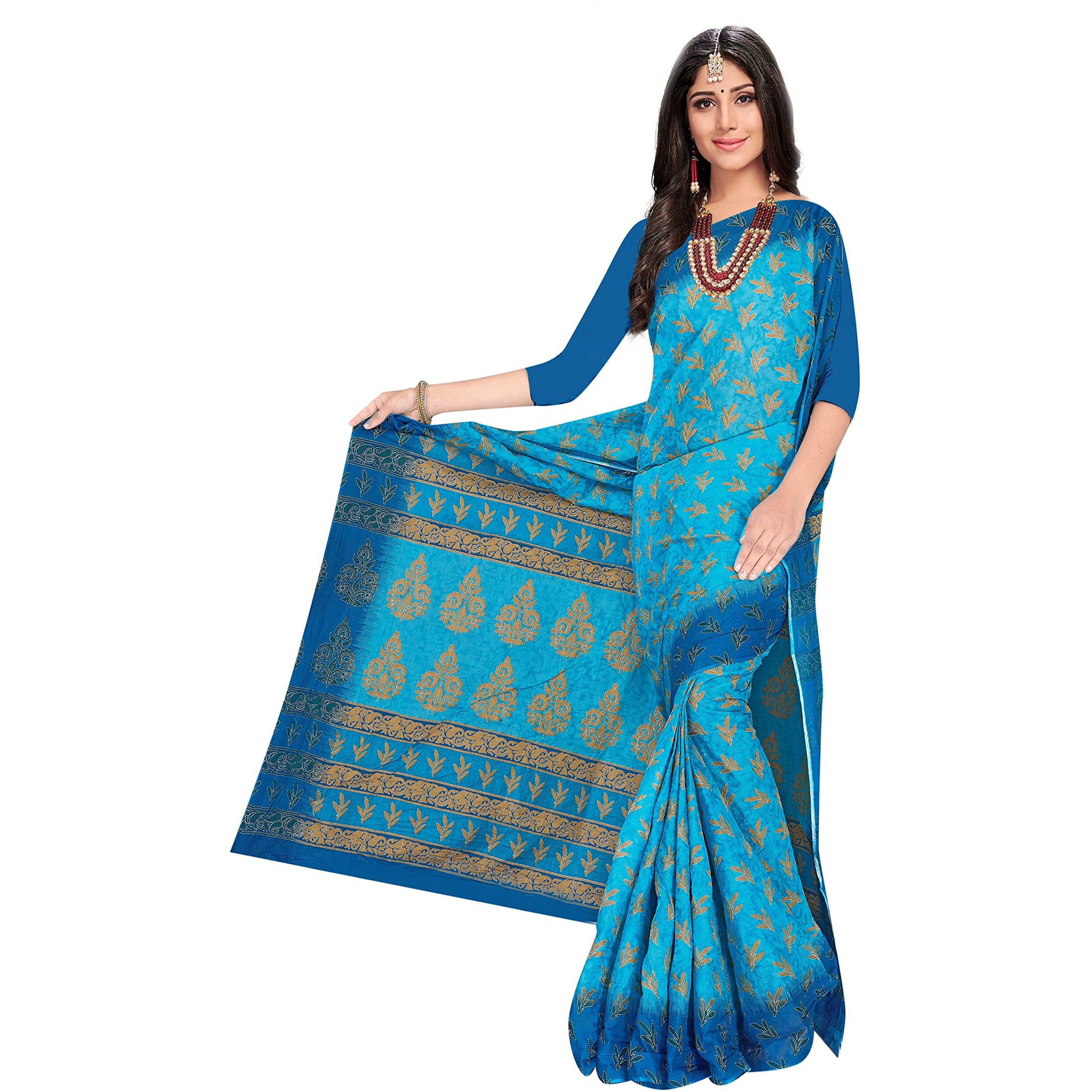TAMAIRA FASHION Womens Plain Weave Pure Cotton Saree Without Blouse Piece(AB35_Turquoise)