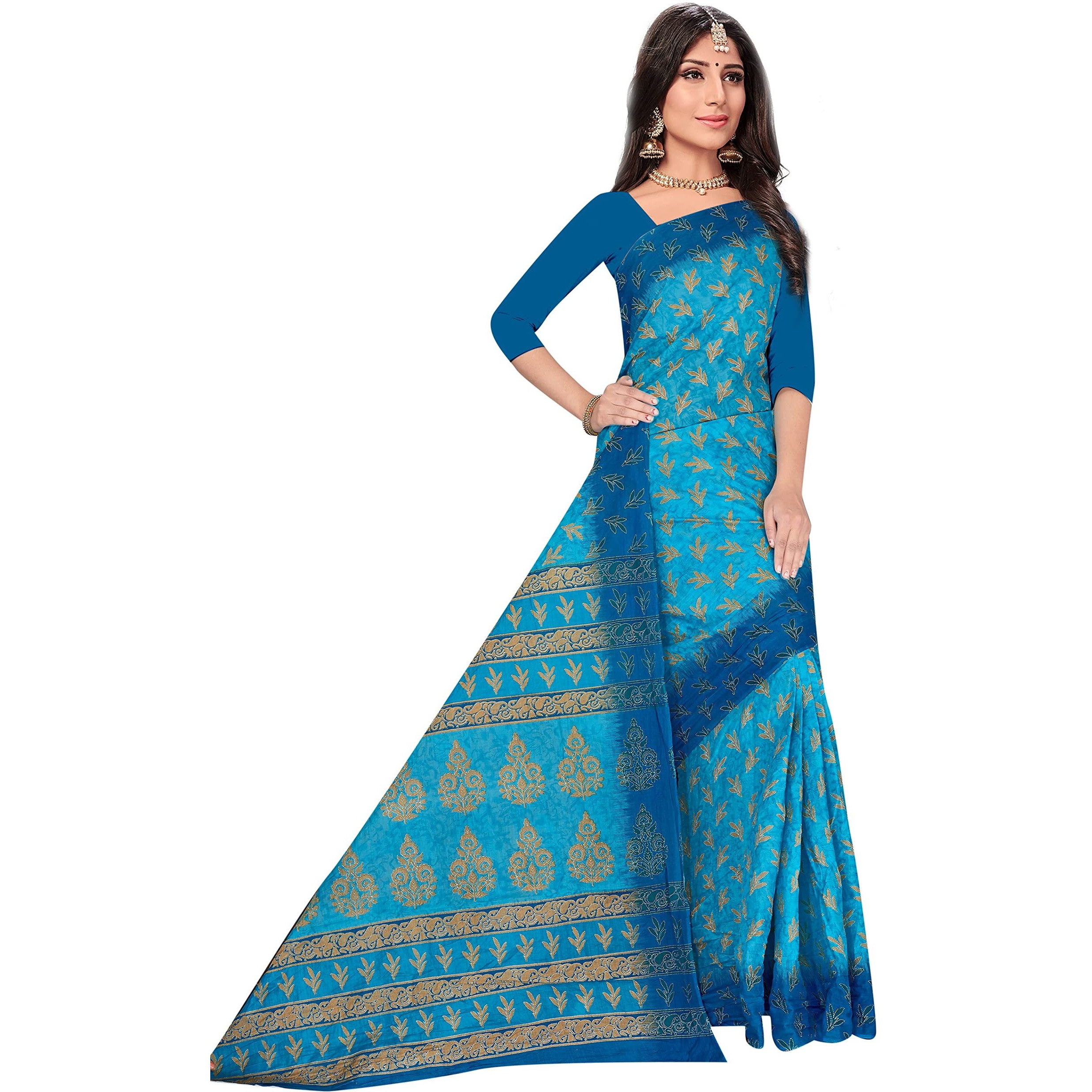 TAMAIRA FASHION Womens Plain Weave Pure Cotton Saree Without Blouse Piece(AB35_Turquoise)