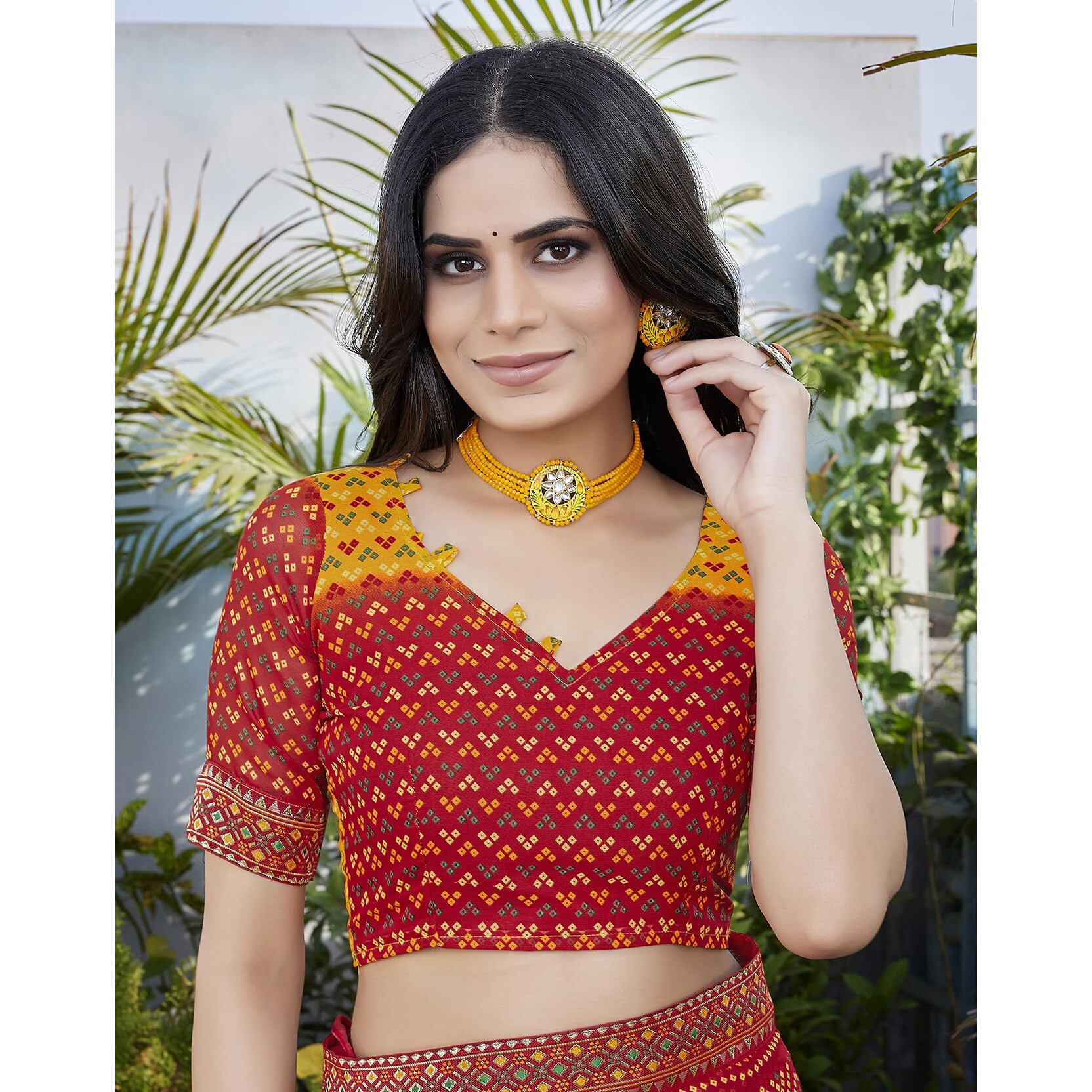 Yashika Womens Georgette Saree Printed Saree With Unstitched Blouse Material - Suitable For All Indian Occasions and Festivals (AZ-YS-OG-BASANT YELLOW RED)
