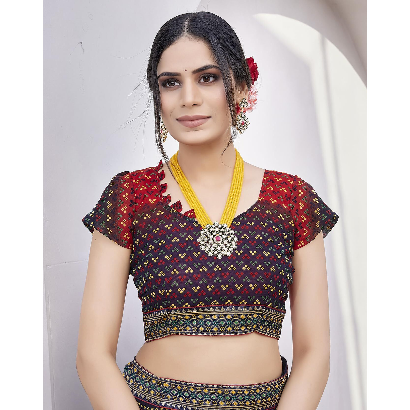 Yashika Womens Georgette Saree Printed Saree With Unstitched Blouse Material - Suitable For All Indian Occasions and Festivals (AZ-YS-OG-BASANT YELLOW RED)