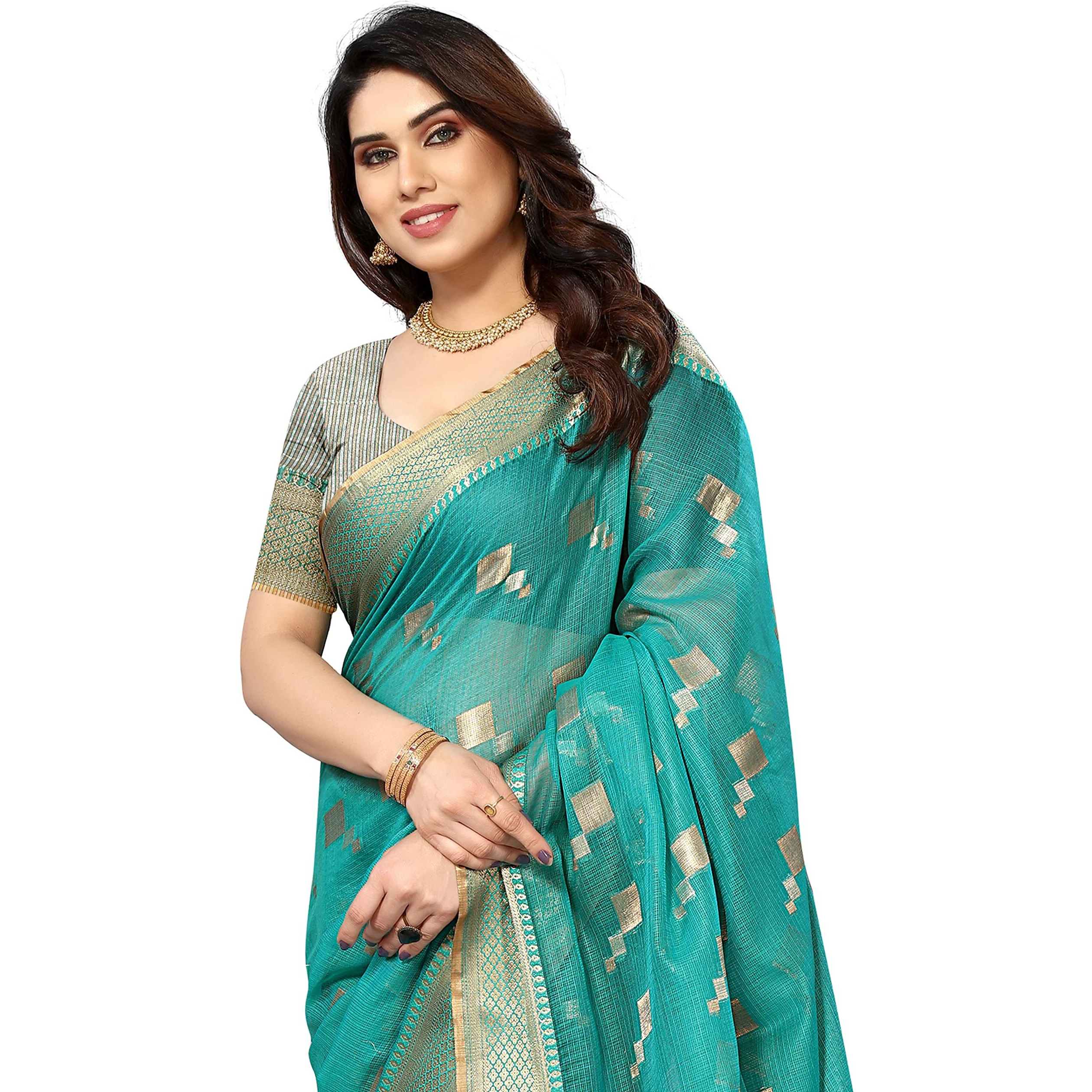 Sidhidata Womens Kota Doria Cotton Manipuri Saree With Unstitched Blouse Piece (Box Butta Seagreen_Seagreen_Free Size)