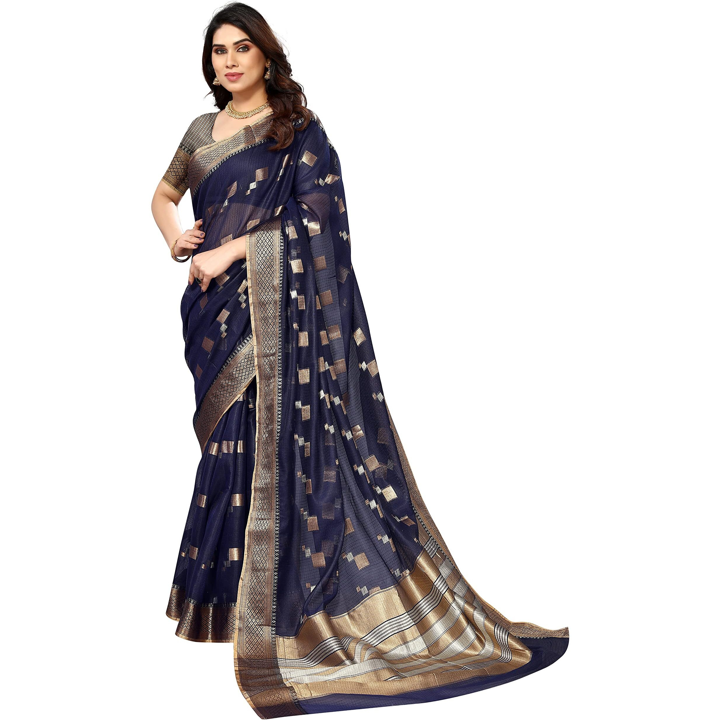 Sidhidata Womens Kota Doria Cotton Manipuri Jacquard Boarder Saree With Unstitched Blouse Piece (Box Butta Navy_Navy_Free Size)