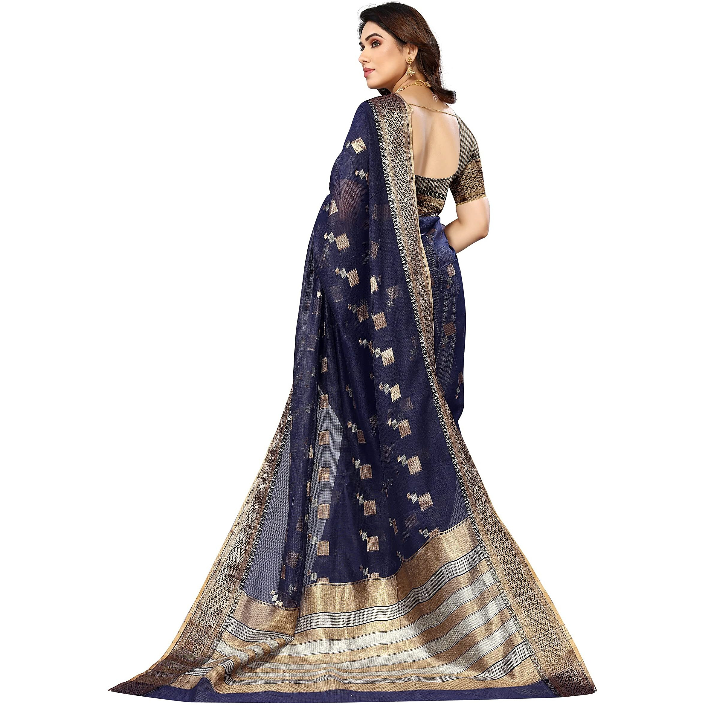 Sidhidata Womens Kota Doria Cotton Manipuri Jacquard Boarder Saree With Unstitched Blouse Piece (Box Butta Navy_Navy_Free Size)