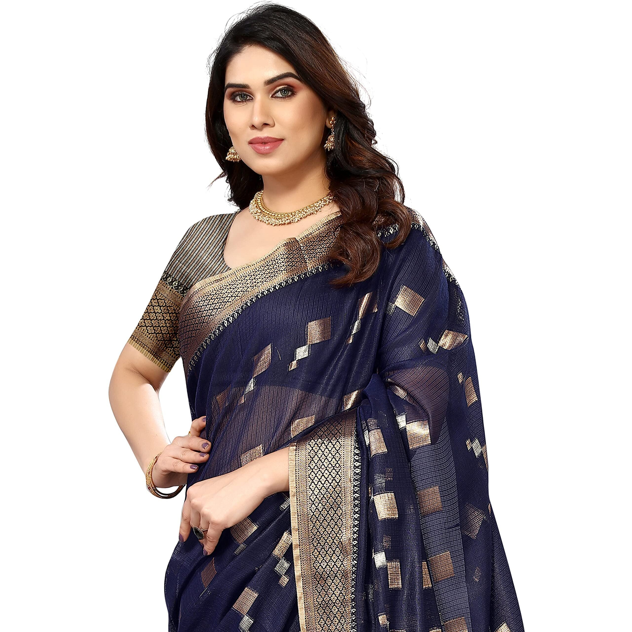Sidhidata Womens Kota Doria Cotton Manipuri Jacquard Boarder Saree With Unstitched Blouse Piece (Box Butta Navy_Navy_Free Size)