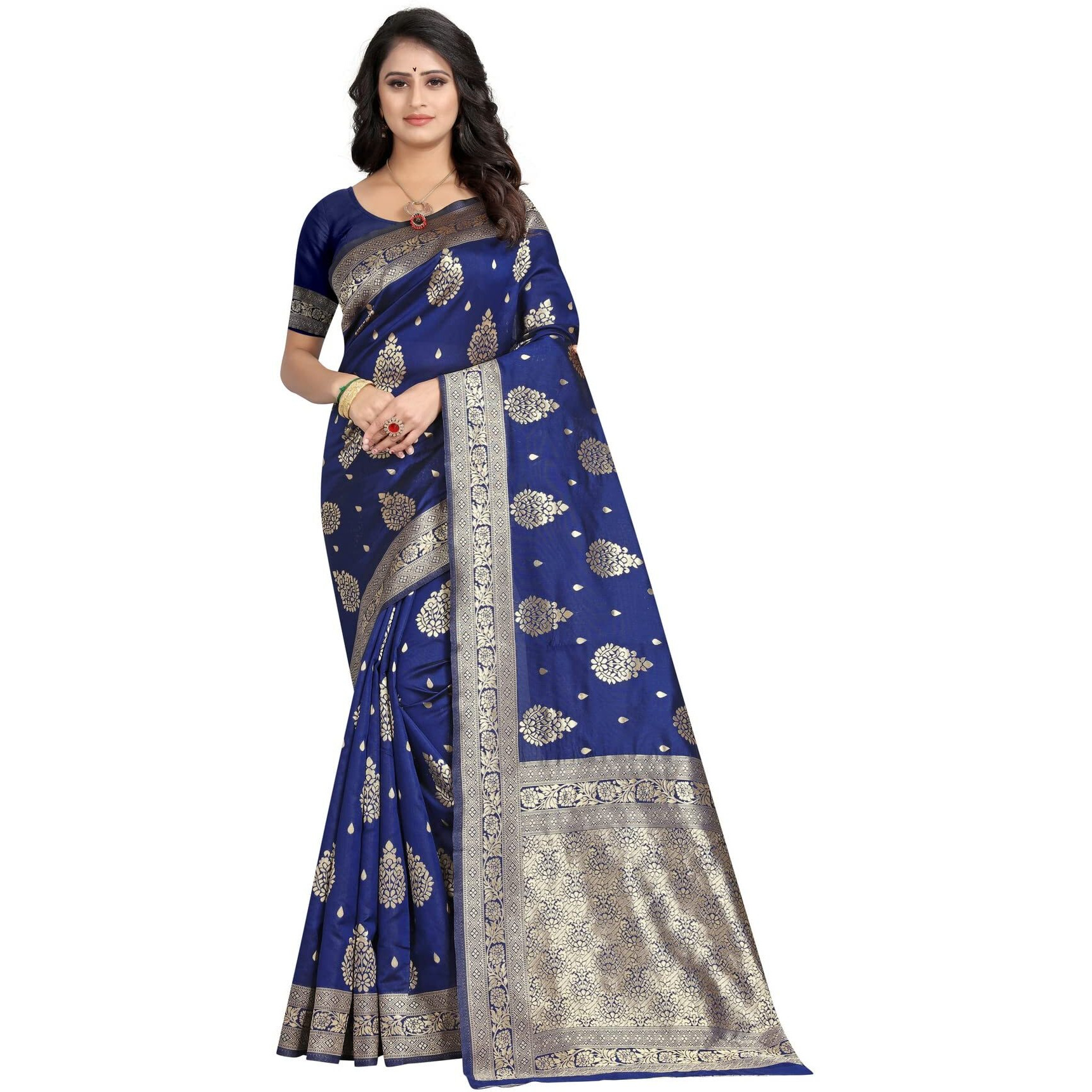 Sugathari Womens Banarasi Saree Pure Kanjivaram Silk Saree Soft new ladies 2023 Design Wear Sarees Latest Cotton Party Sari collections With Blouse Piece for Wedding sadi (SAM SAN EAGLE-3 NAVY BLUE)