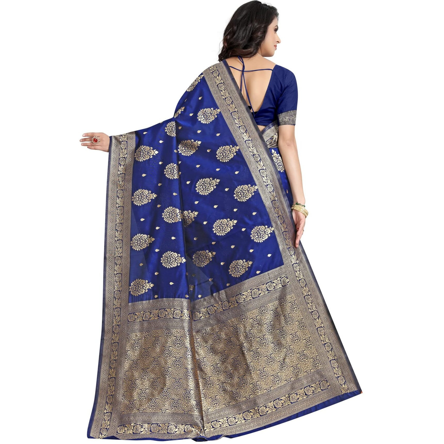 Sugathari Womens Banarasi Saree Pure Kanjivaram Silk Saree Soft new ladies 2023 Design Wear Sarees Latest Cotton Party Sari collections With Blouse Piece for Wedding sadi (SAM SAN EAGLE-3 NAVY BLUE)