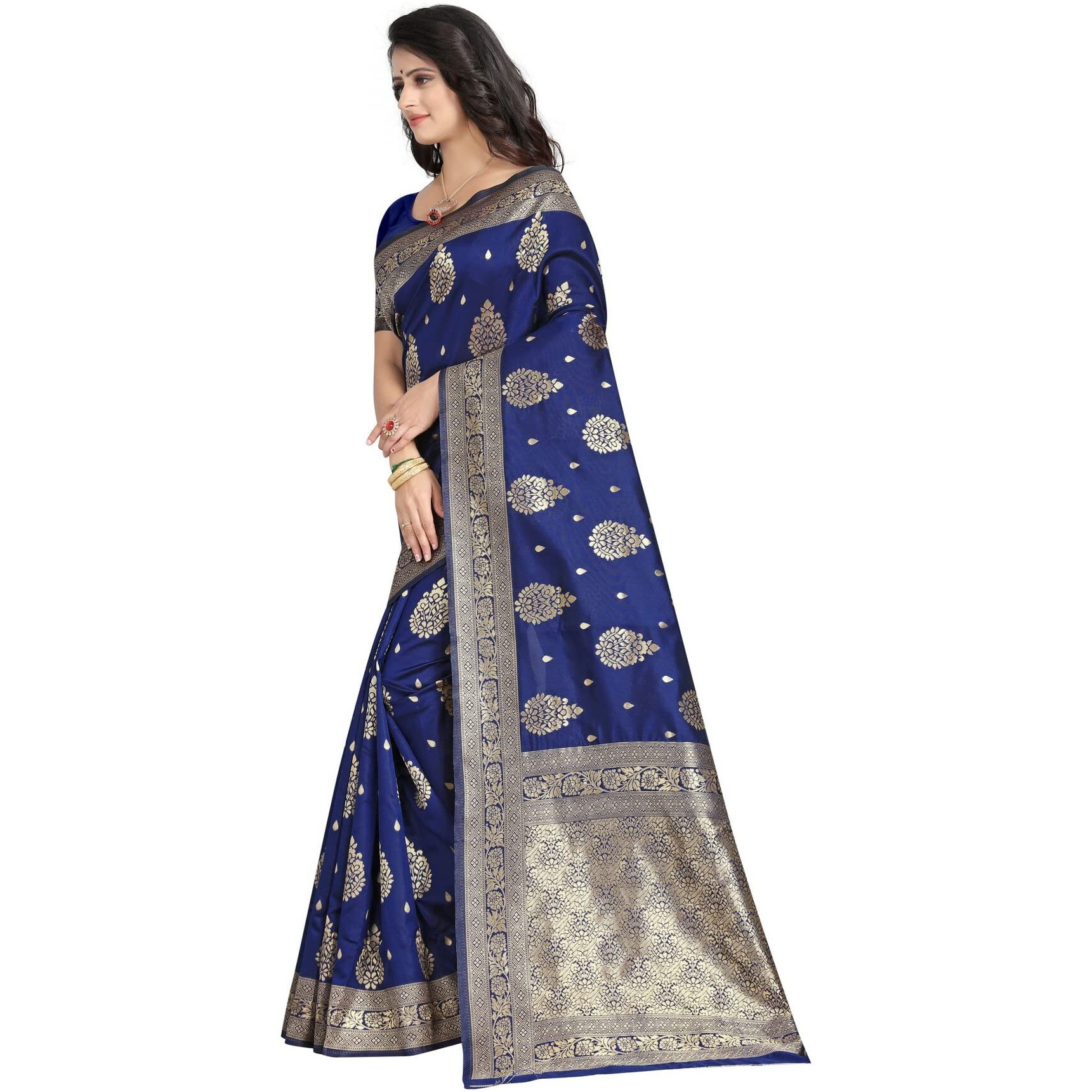 Sugathari Womens Banarasi Saree Pure Kanjivaram Silk Saree Soft new ladies 2023 Design Wear Sarees Latest Cotton Party Sari collections With Blouse Piece for Wedding sadi (SAM SAN EAGLE-3 NAVY BLUE)