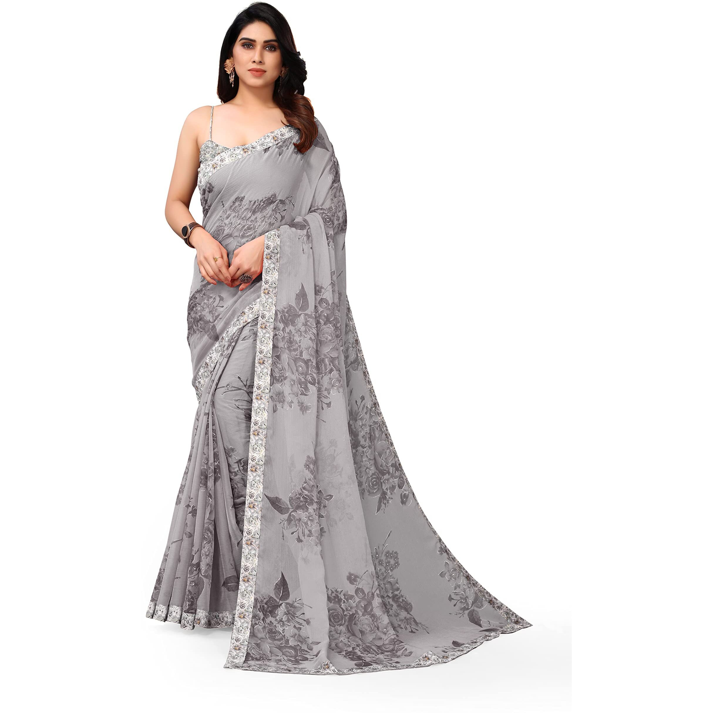 MIRCHI FASHION Womens Plain Weave Chiffon Floral Printed Foil Work Saree with Blouse Piece (36643-Grey)