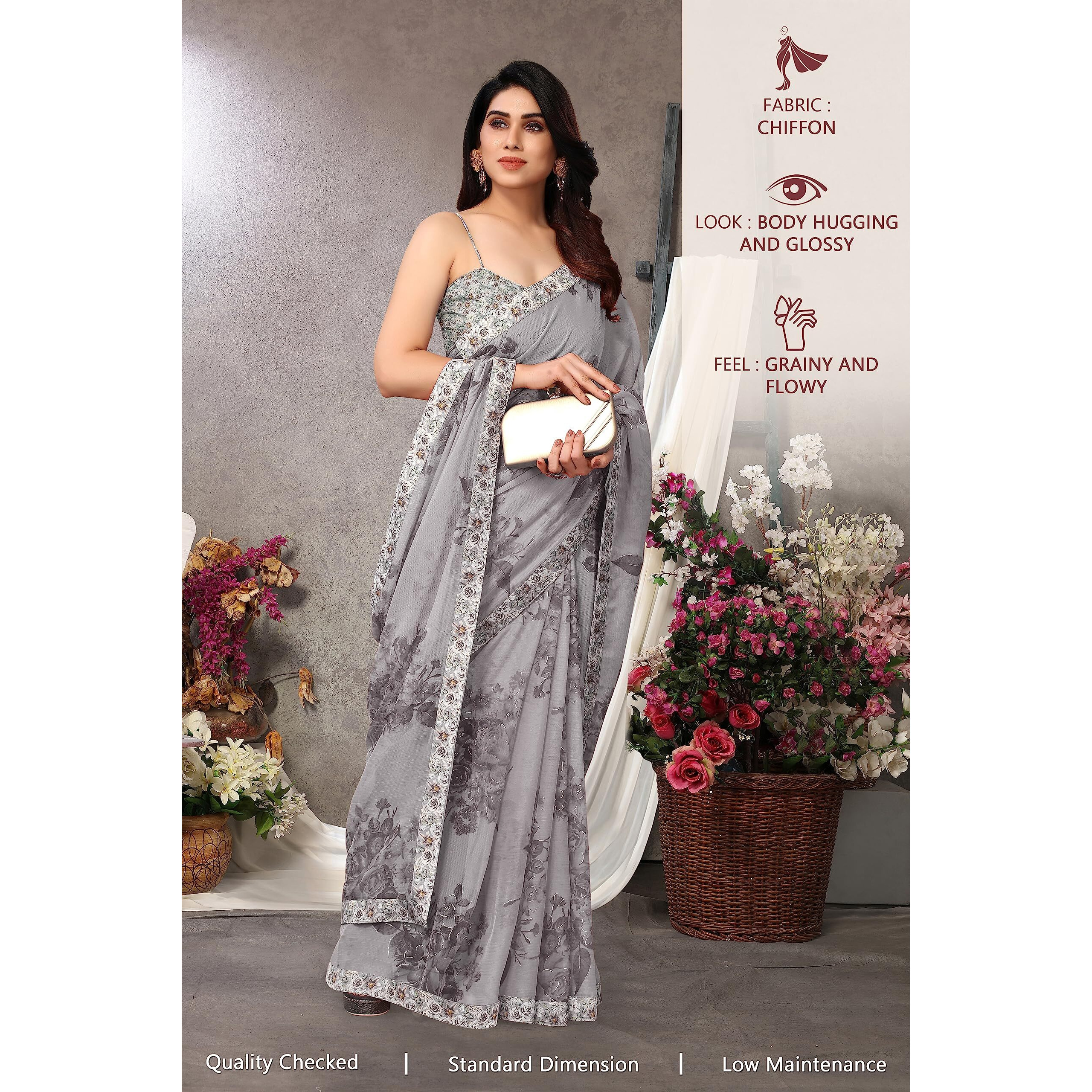 MIRCHI FASHION Womens Plain Weave Chiffon Floral Printed Foil Work Saree with Blouse Piece (36643-Grey)