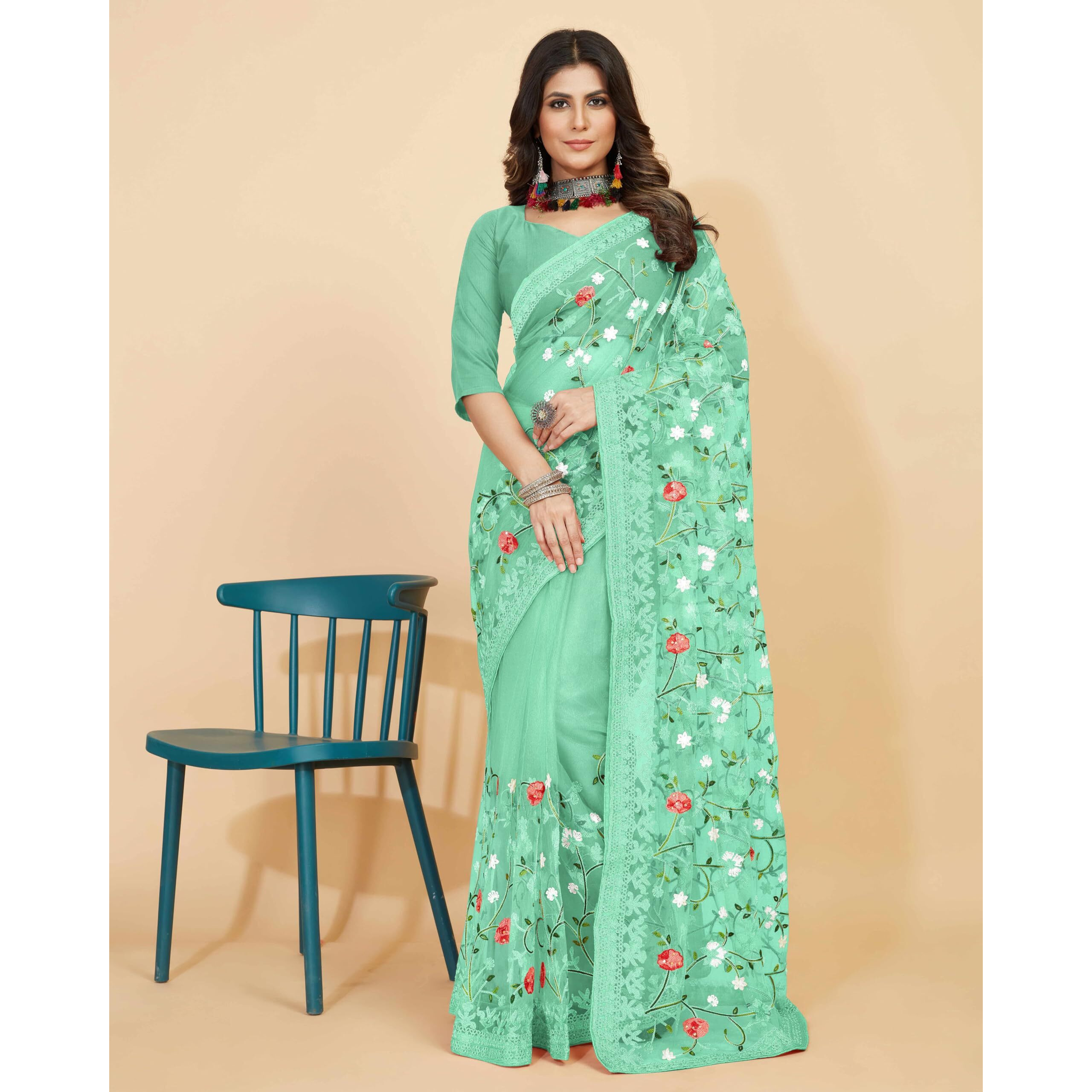 Jaanvi fashion Womens Floral Embroidery Work Net Silk Saree with Lace Border & Blouse Piece (mm-realme-rama)